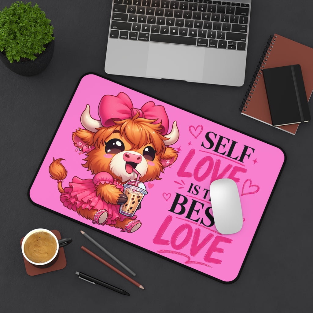 Desk Mat — Cute Highland Cow with Bubble Tea “Self Love Is The Best Love” Pink Gaming/Office Mousepad