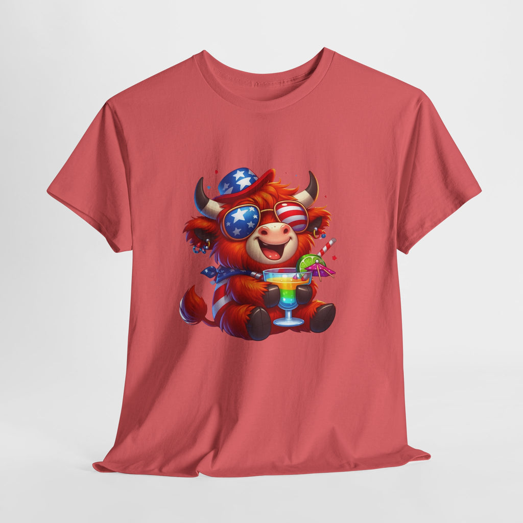 Cow Tee — Cute Patriotic Cow Holding Drink Graphic T‑Shirt