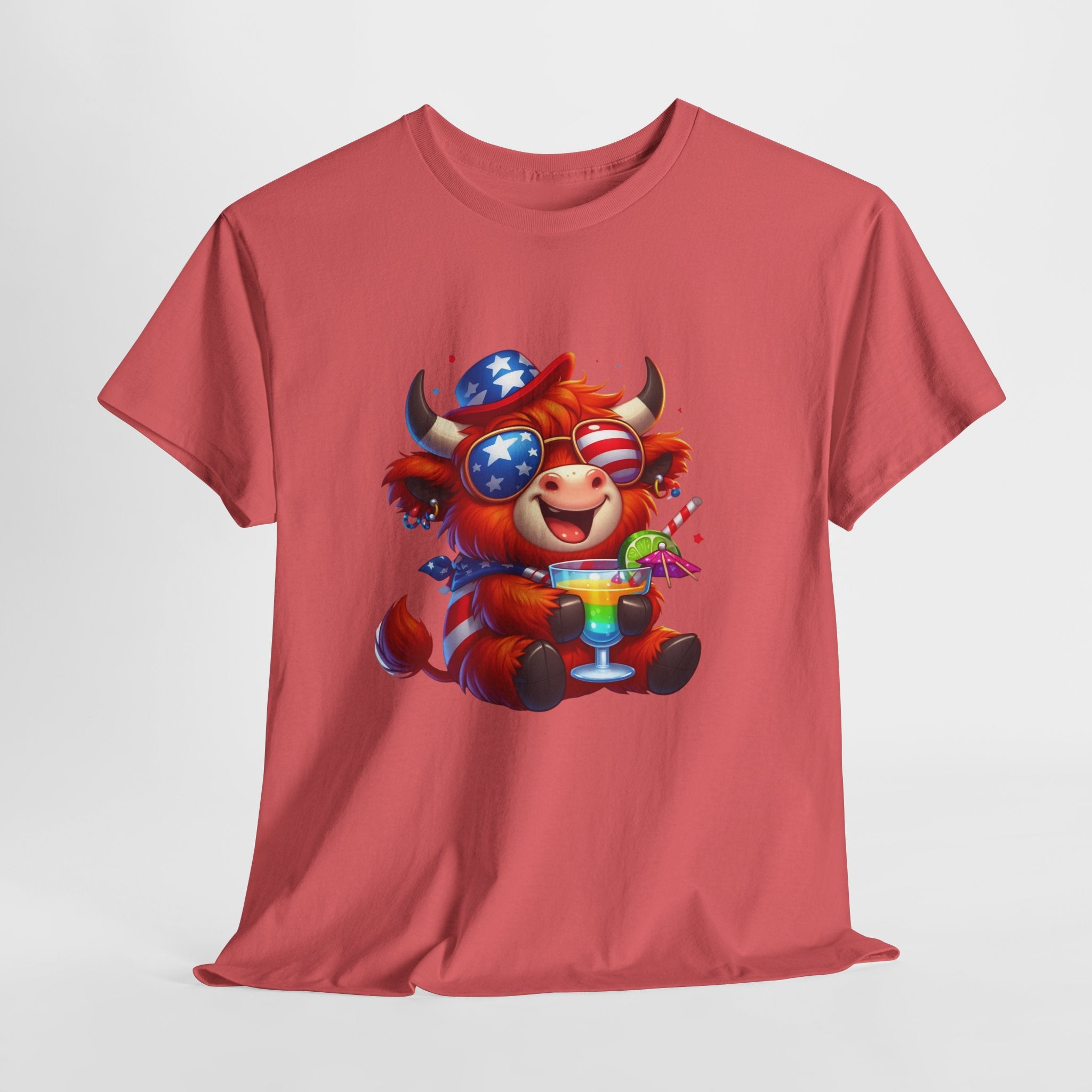 Cow Tee — Cute Patriotic Cow Holding Drink Graphic T‑Shirt