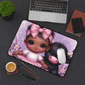 Cute Baby Girl & Highland Cow Desk Mat — Purple Nursery Mousepad for Girls, Kawaii Desk Decor