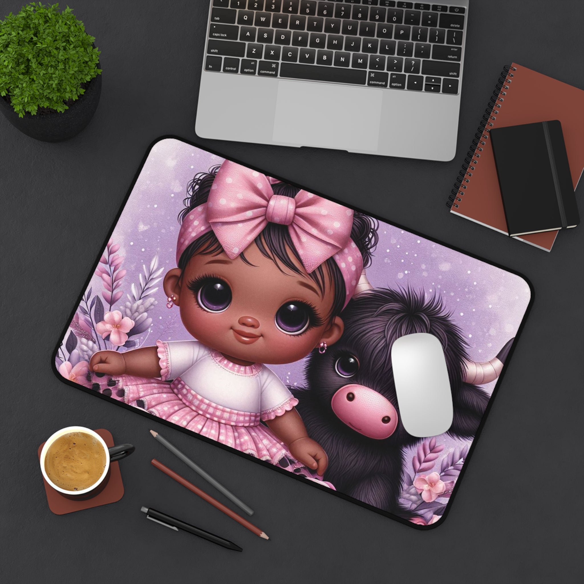 Cute Baby Girl & Highland Cow Desk Mat — Purple Nursery Mousepad for Girls, Kawaii Desk Decor