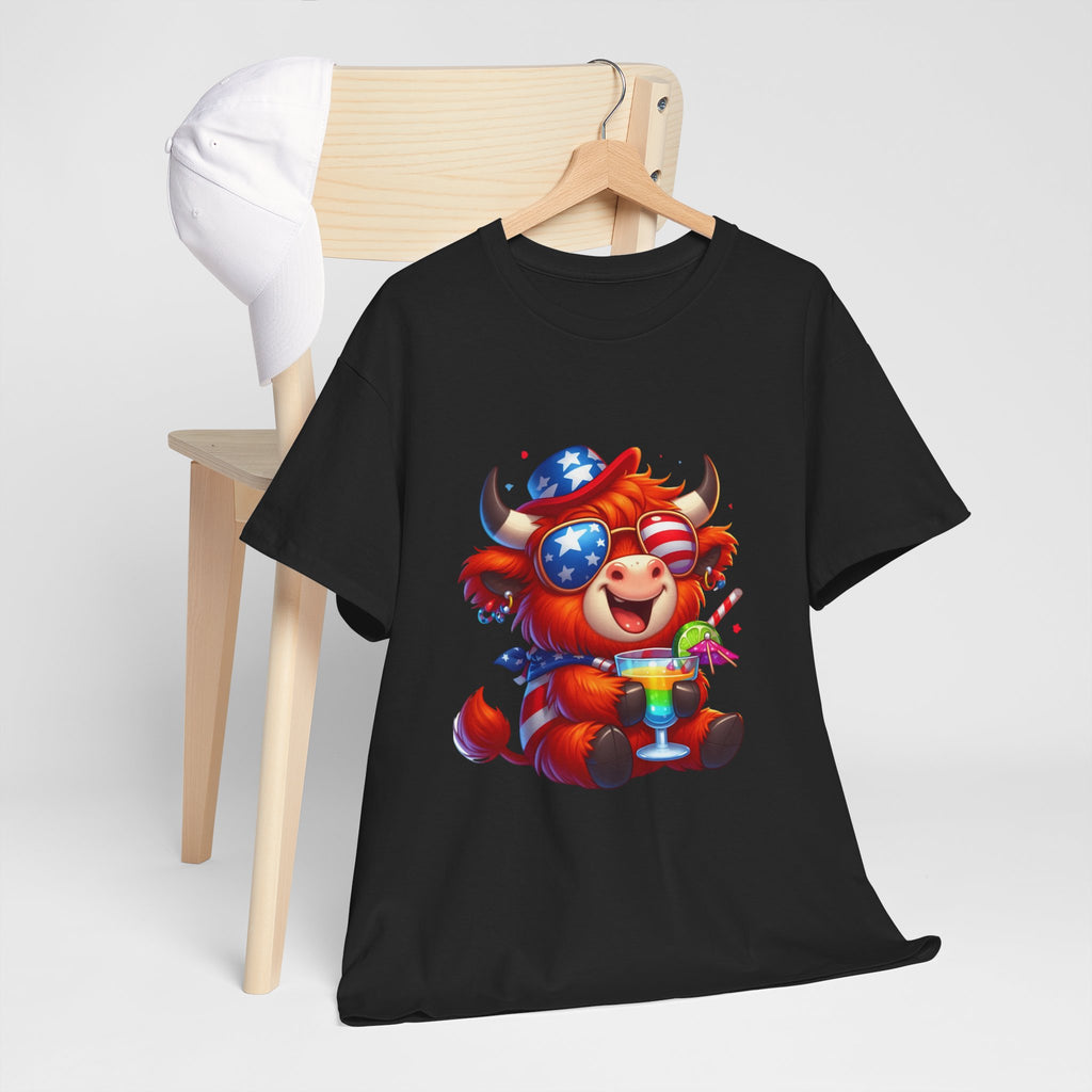 Cow Tee — Cute Patriotic Cow Holding Drink Graphic T‑Shirt