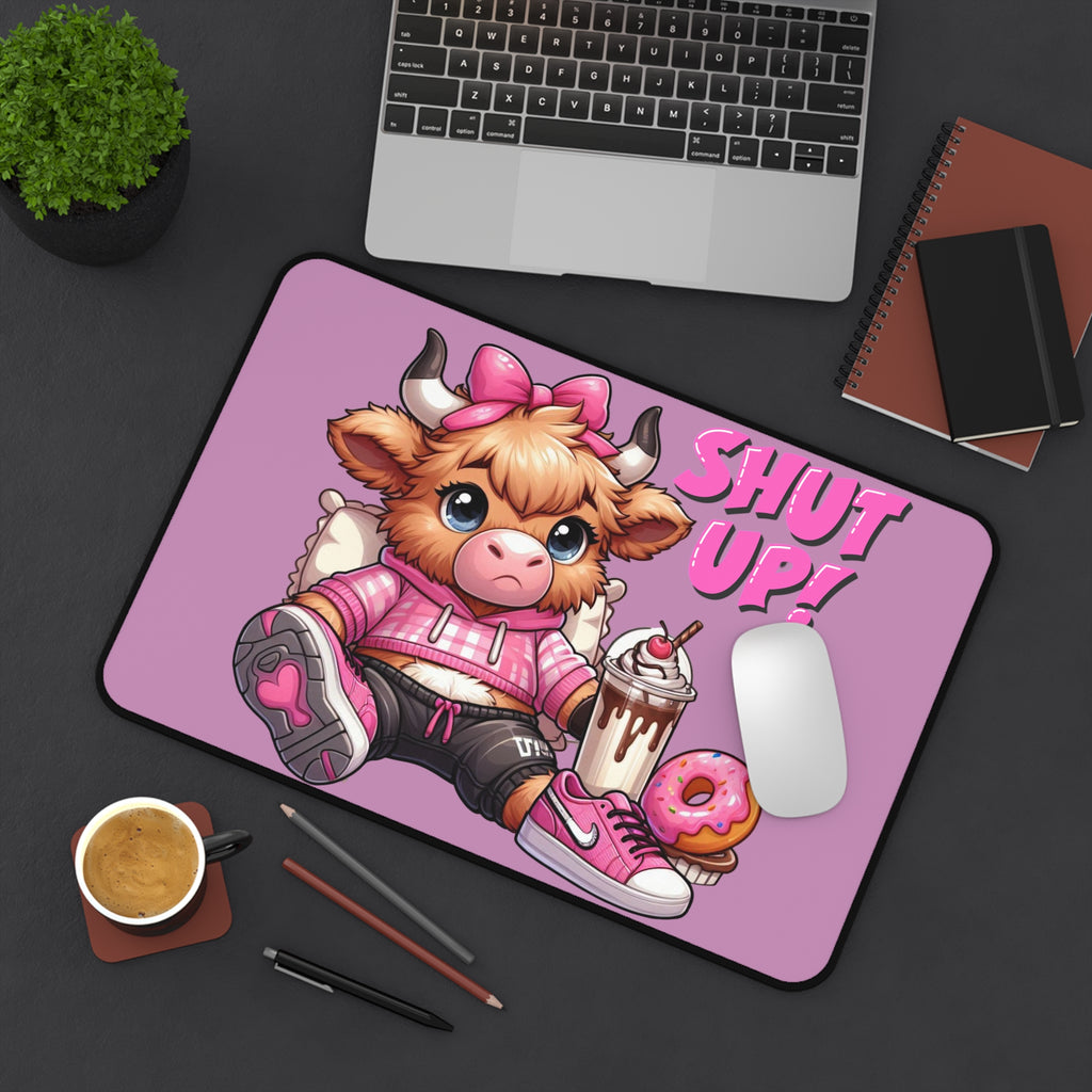 Cute Cow 'Shut Up!' Pink Desk Mat – Kawaii Gamer Mouse Pad with Donut & Milkshake