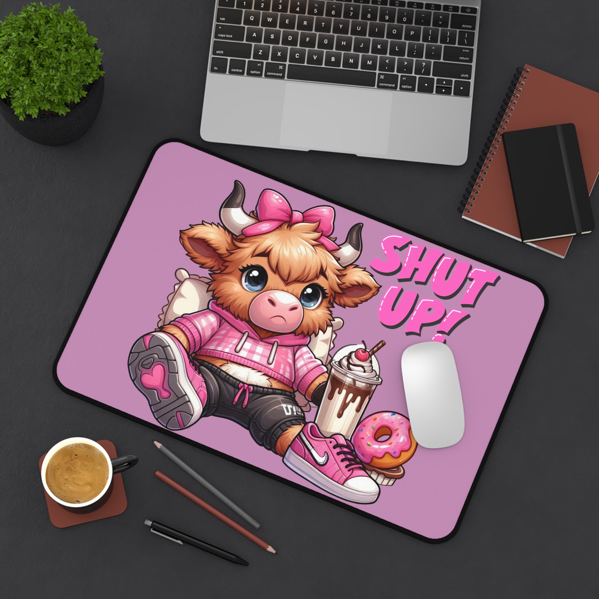 Cute Cow 'Shut Up!' Pink Desk Mat – Kawaii Gamer Mouse Pad with Donut & Milkshake
