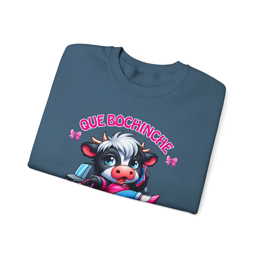 Que Bochincˊe Cow Sweatshirt — Cute Cartoon Cow Driving Graphic Crewneck