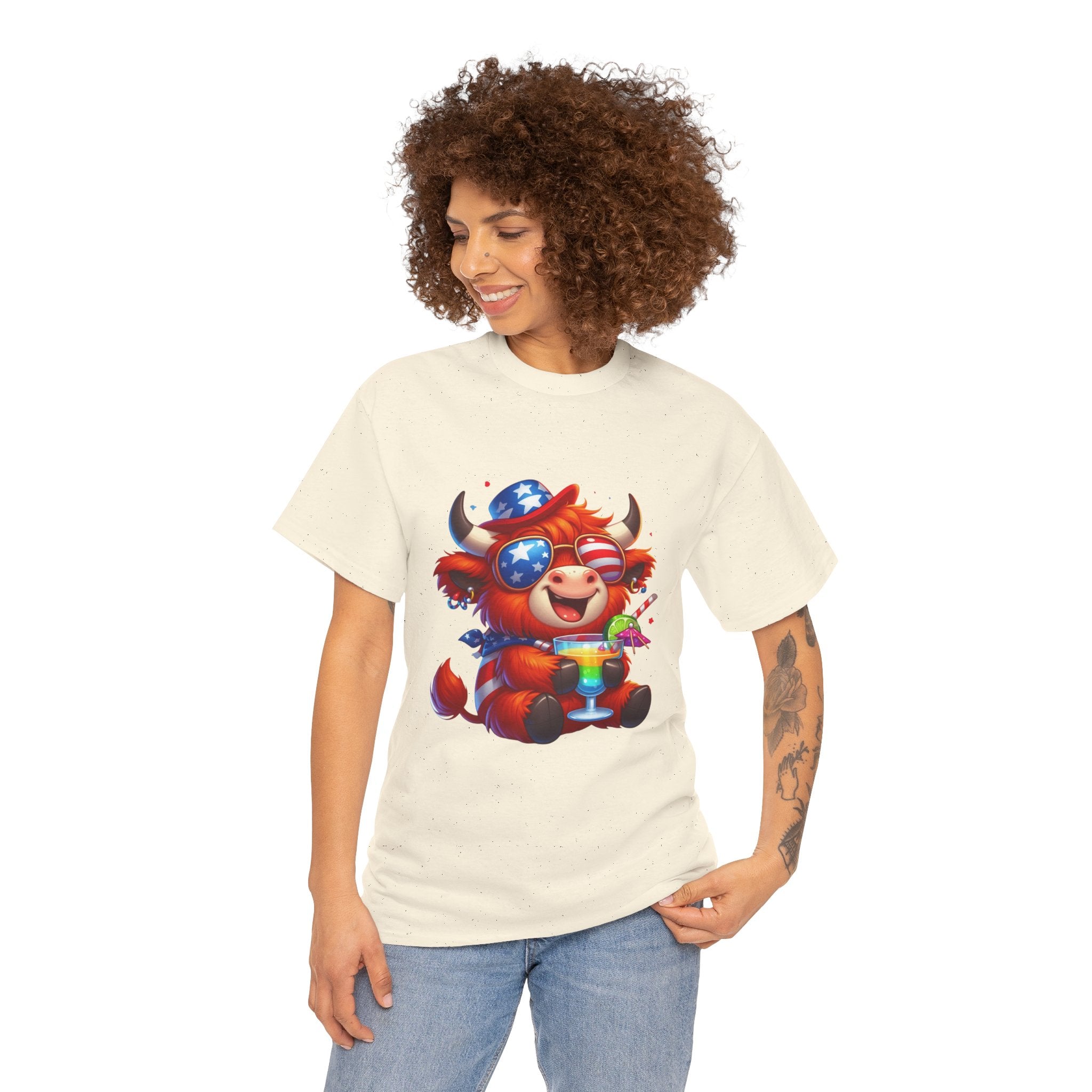 Cow Tee — Cute Patriotic Cow Holding Drink Graphic T‑Shirt