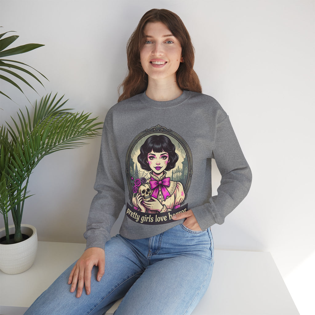 Horror Girl Crewneck Sweatshirt — "Pretty Girls Love Horror" Retro Goth Pullover