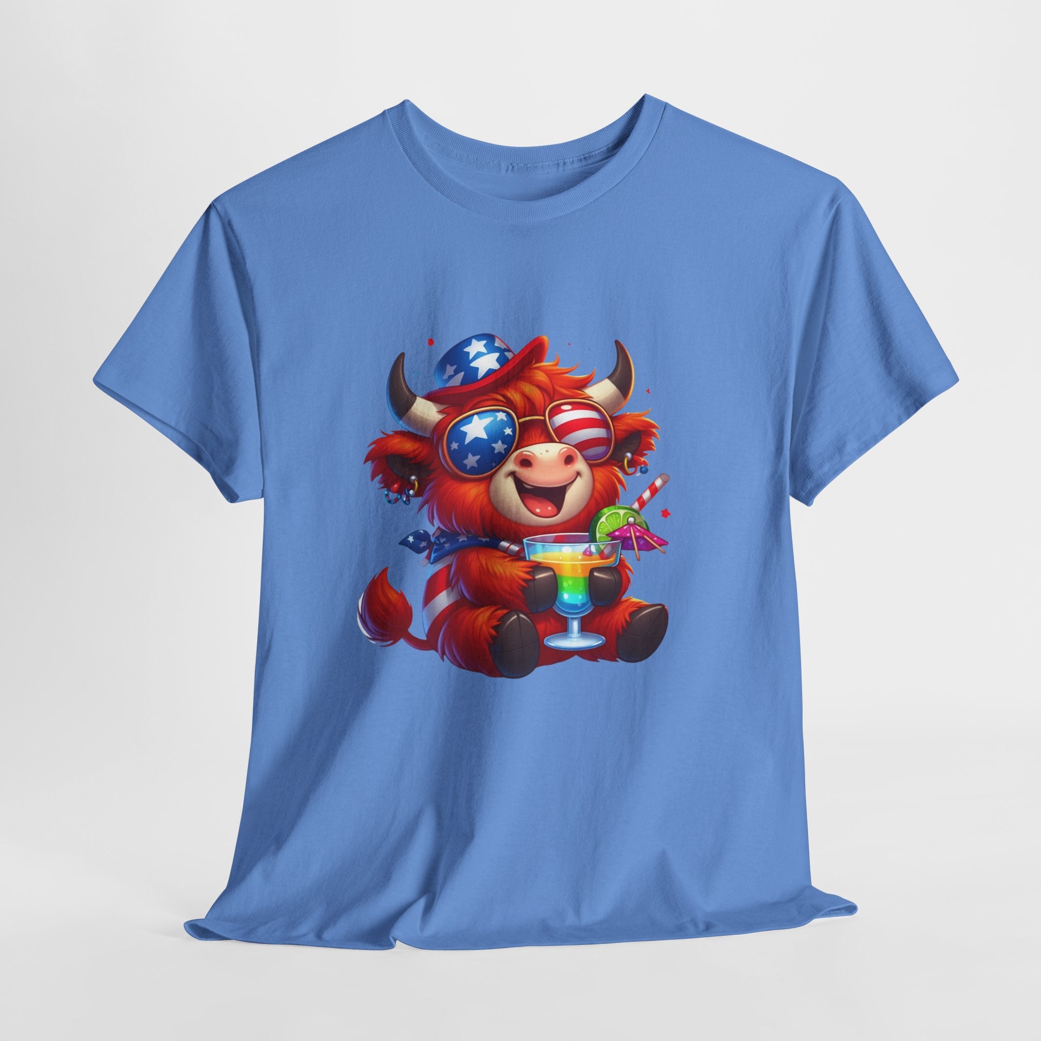 Cow Tee — Cute Patriotic Cow Holding Drink Graphic T‑Shirt