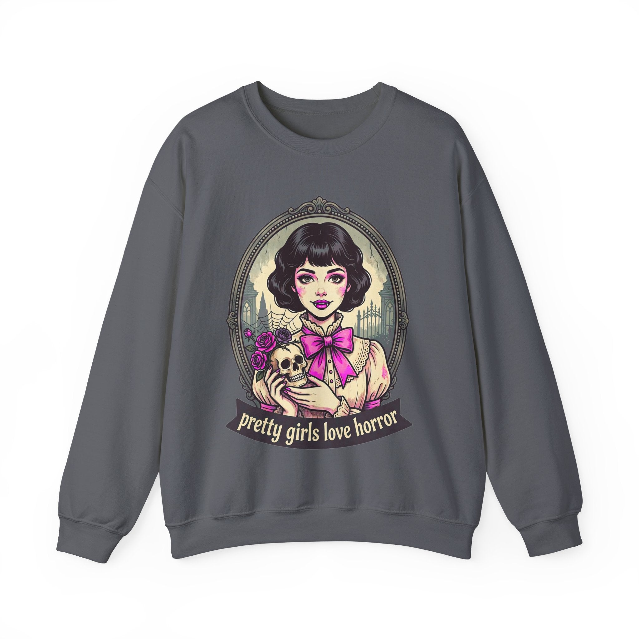 Horror Girl Crewneck Sweatshirt — "Pretty Girls Love Horror" Retro Goth Pullover
