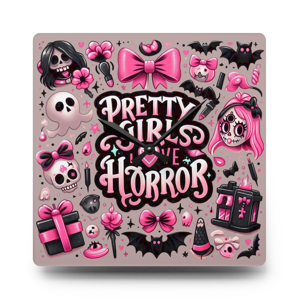 Pretty Girls Love Horror Acrylic Wall Clock — Cute Pink Gothic Decor