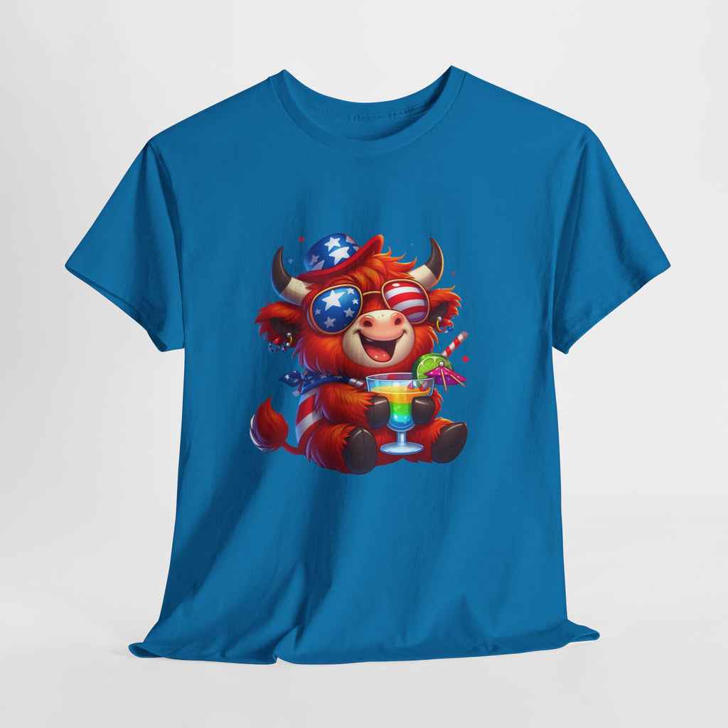 Cow Tee — Cute Patriotic Cow Holding Drink Graphic T‑Shirt