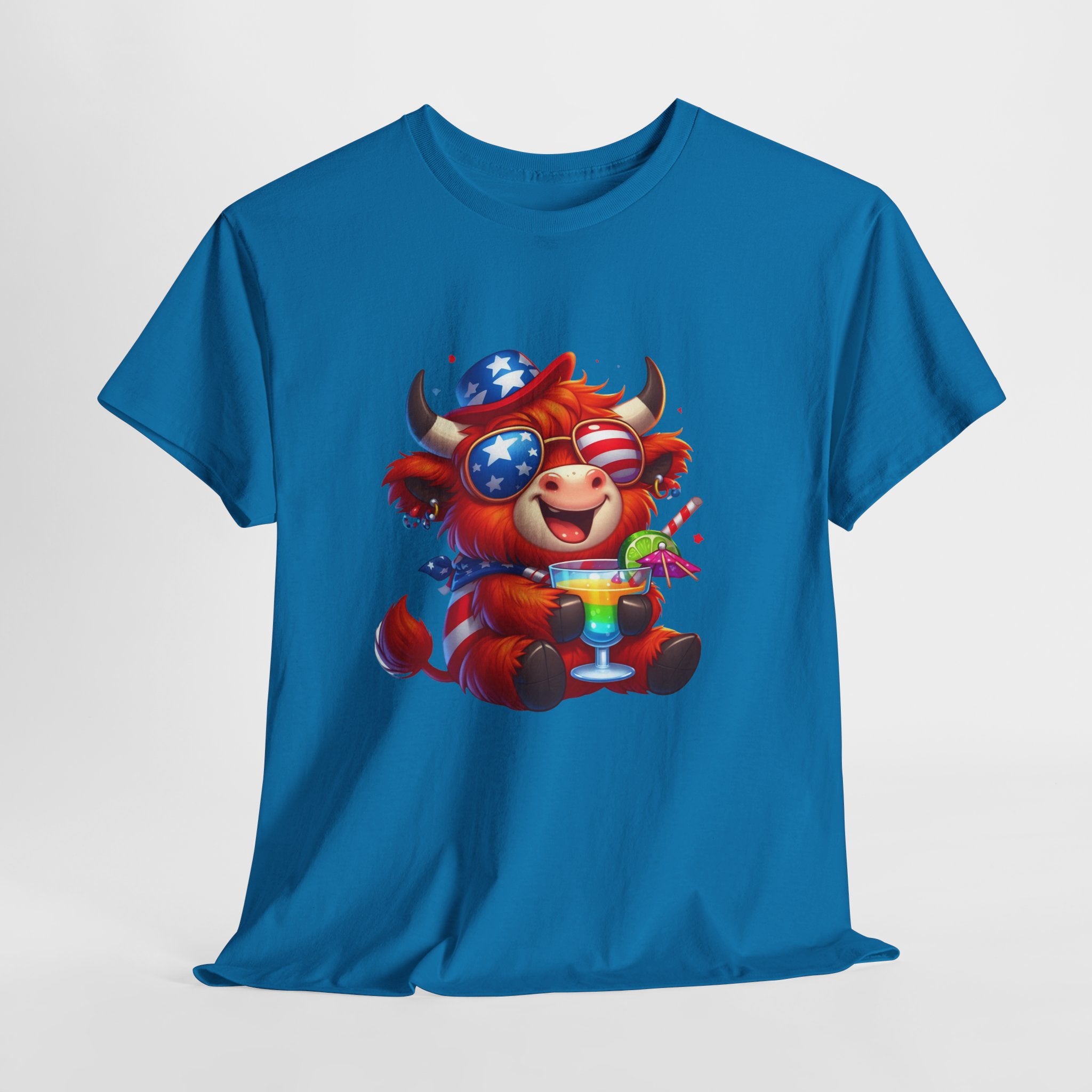 Cow Tee — Cute Patriotic Cow Holding Drink Graphic T‑Shirt