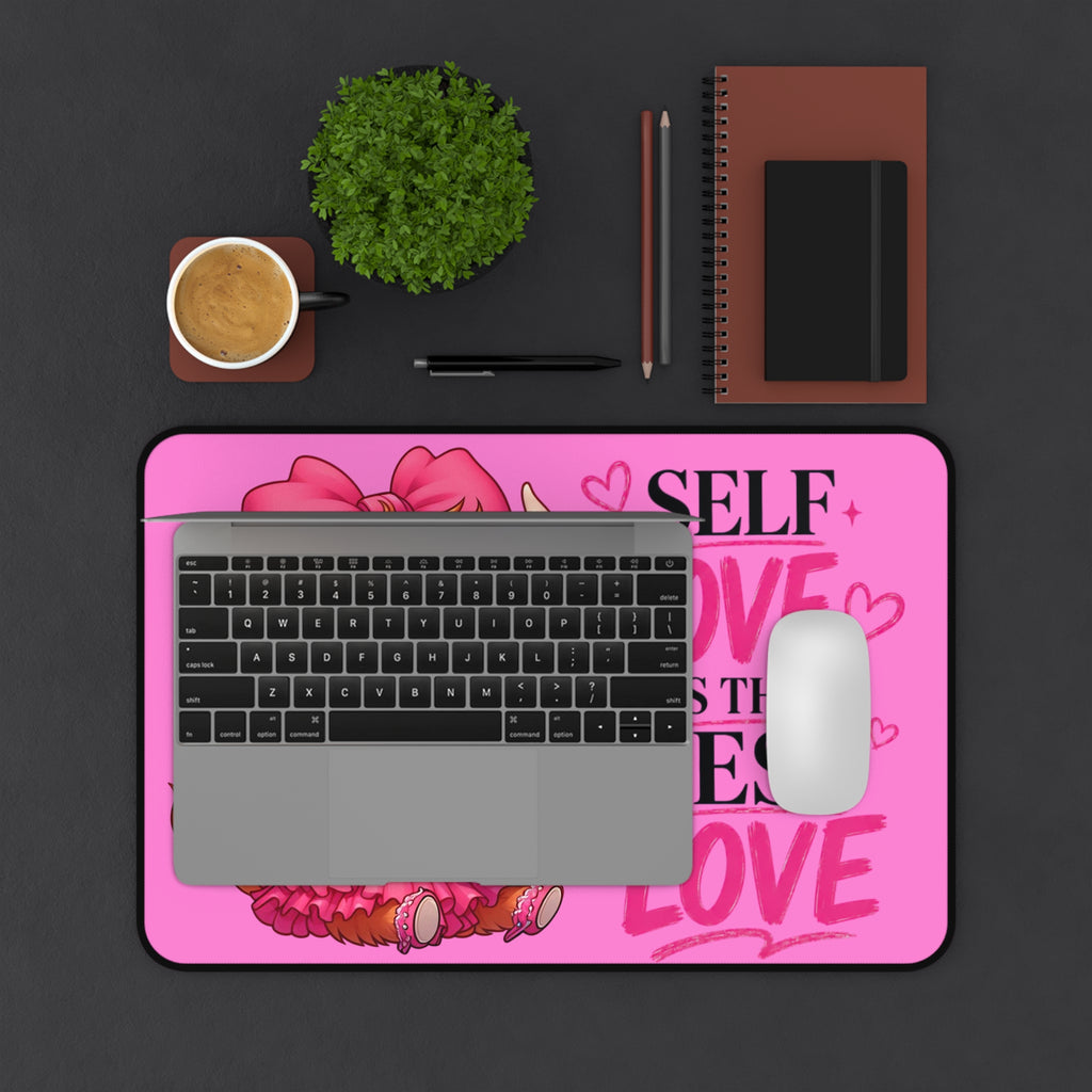 Desk Mat — Cute Highland Cow with Bubble Tea “Self Love Is The Best Love” Pink Gaming/Office Mousepad