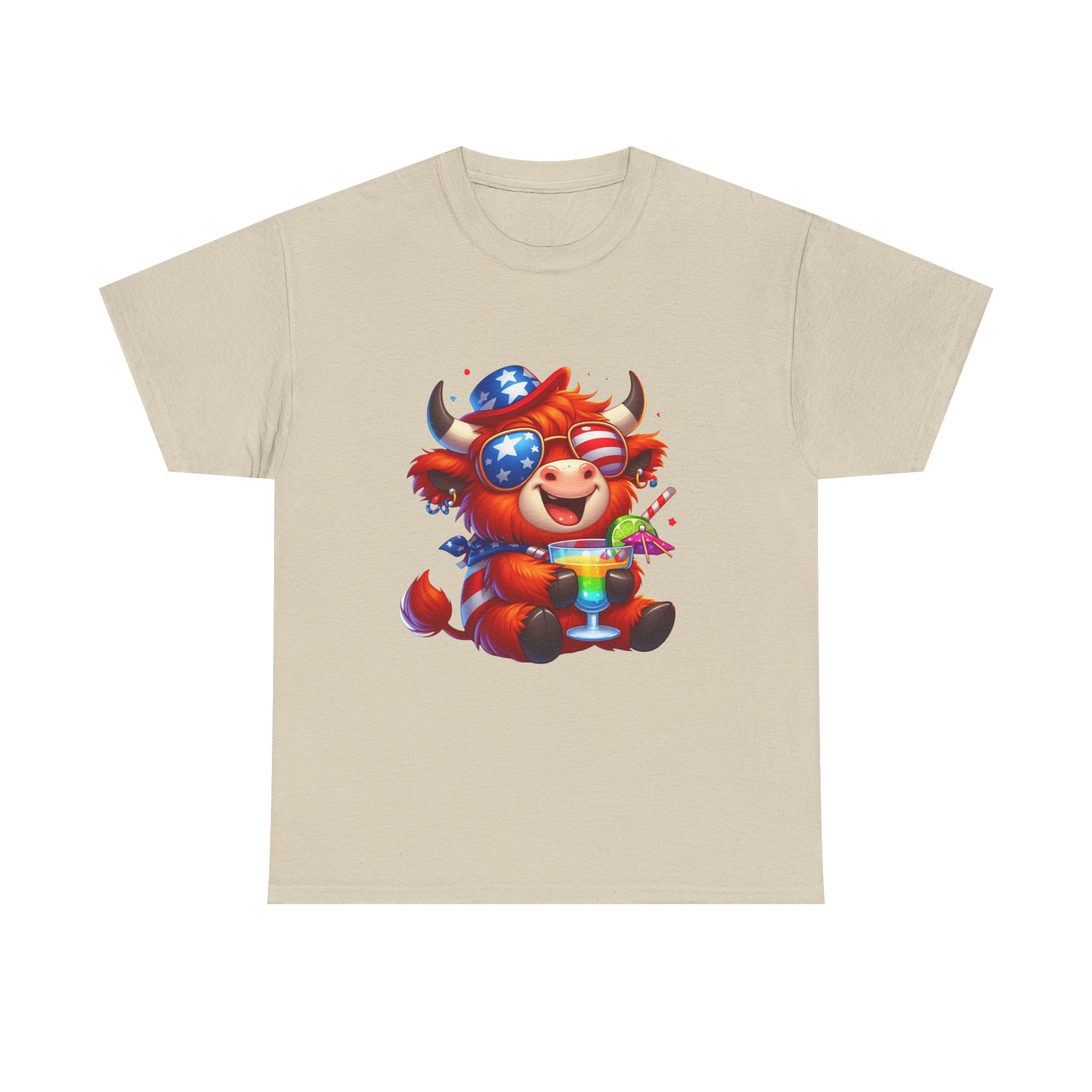 Cow Tee — Cute Patriotic Cow Holding Drink Graphic T‑Shirt