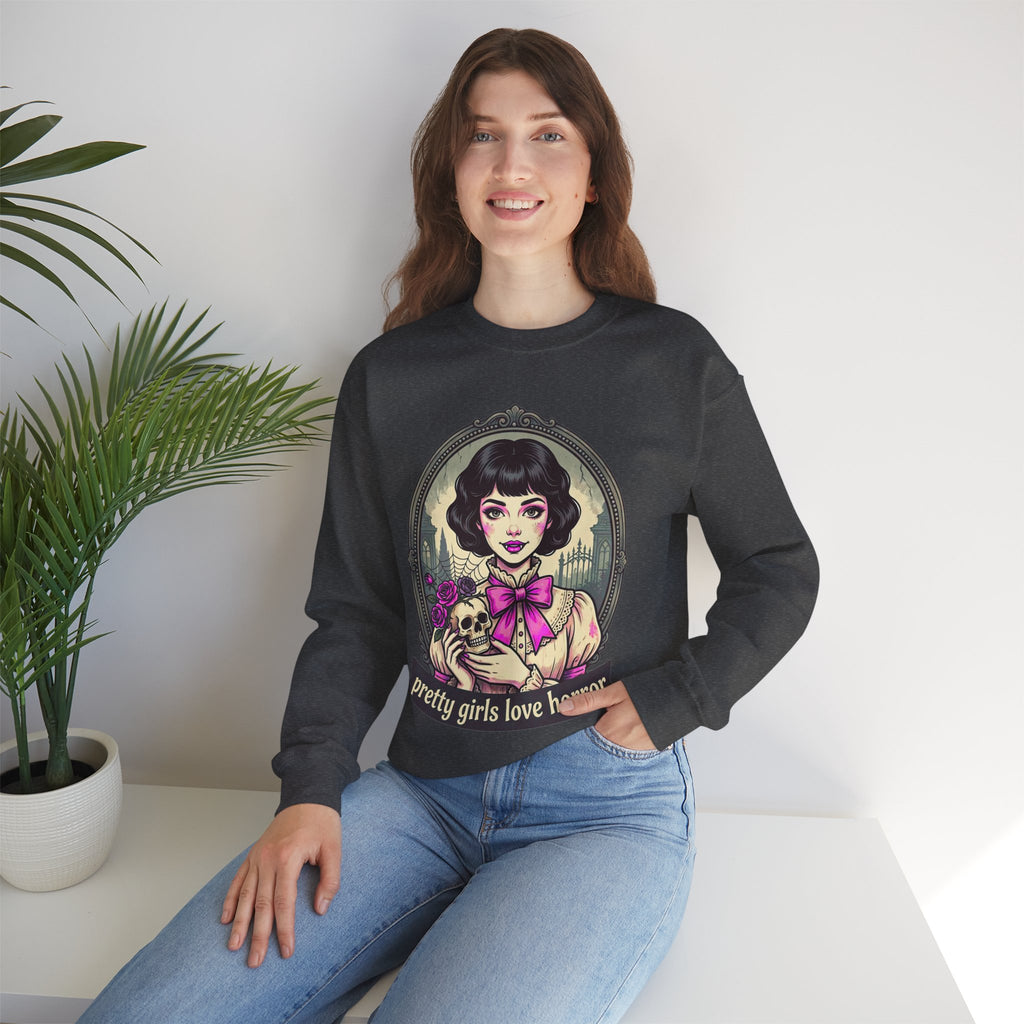 Horror Girl Crewneck Sweatshirt — "Pretty Girls Love Horror" Retro Goth Pullover