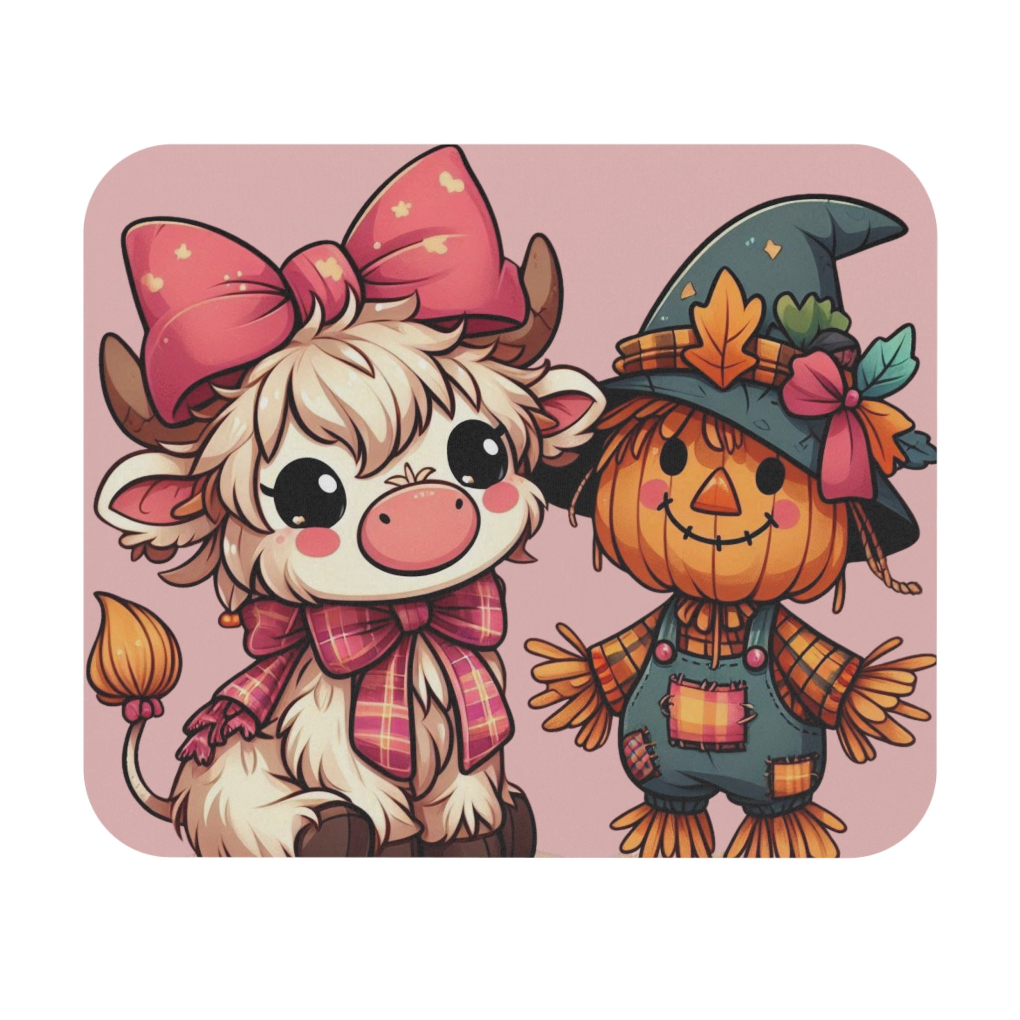 Cute Cow & Scarecrow Halloween Mouse Pad — Pink Fall Desk Mat