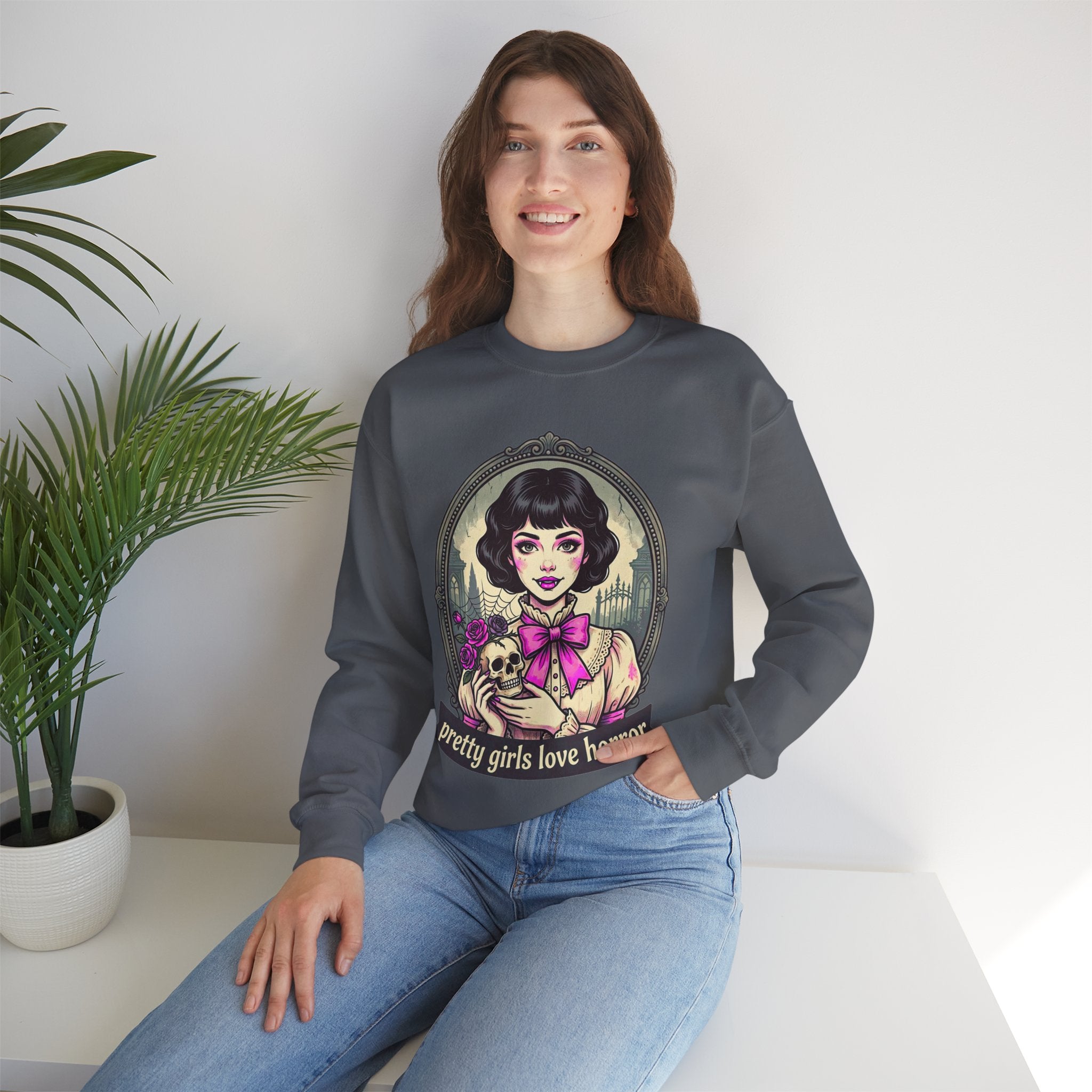 Horror Girl Crewneck Sweatshirt — "Pretty Girls Love Horror" Retro Goth Pullover