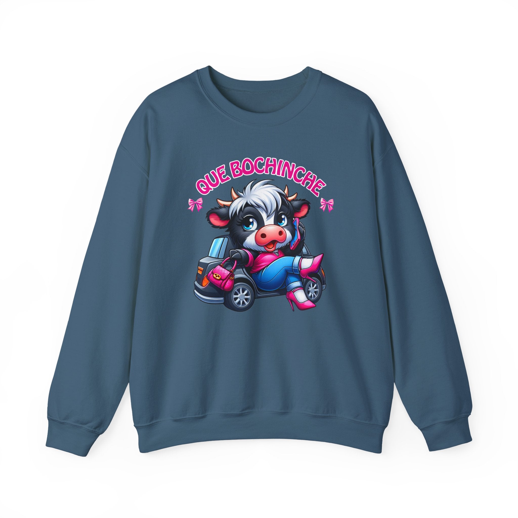 Que Bochincˊe Cow Sweatshirt — Cute Cartoon Cow Driving Graphic Crewneck