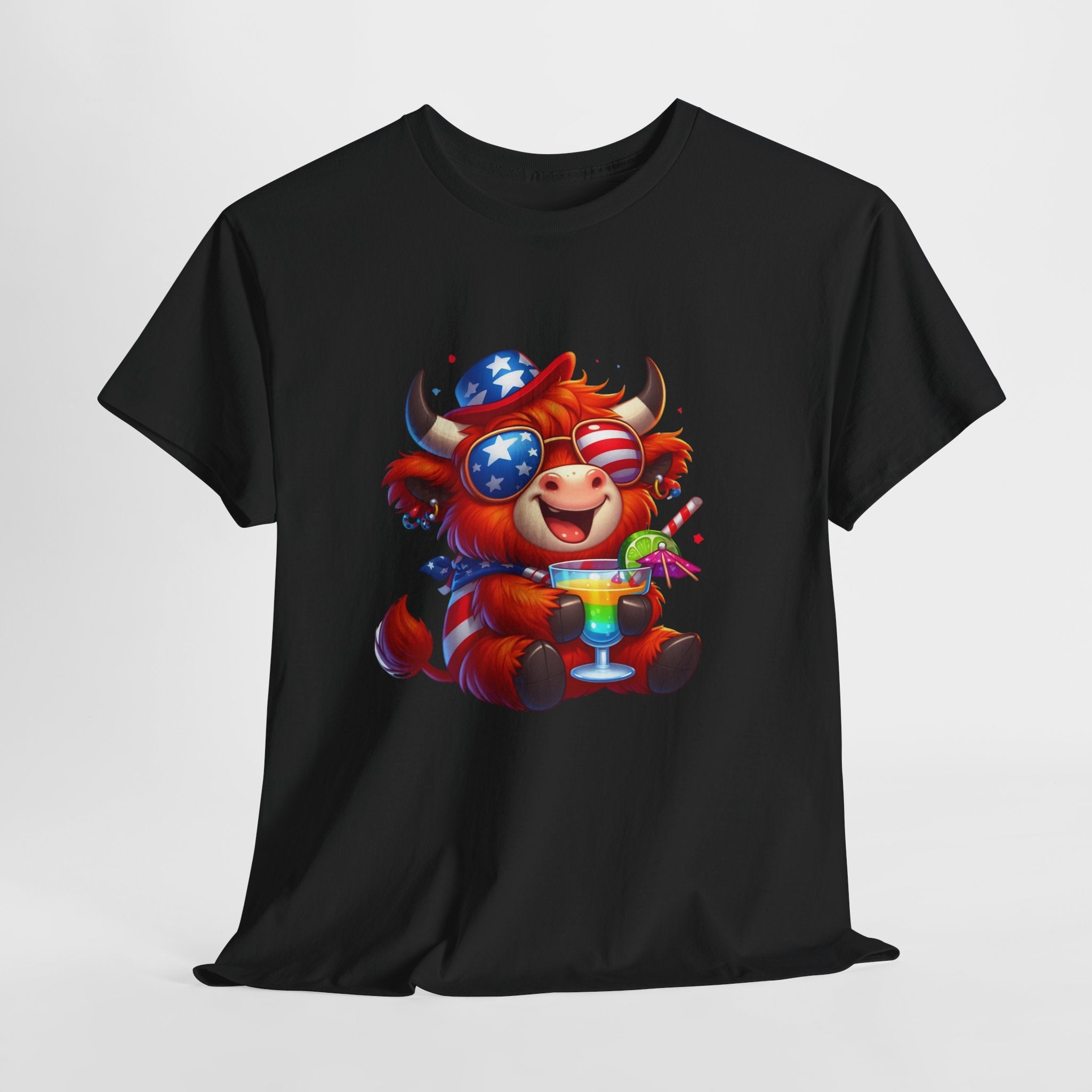 Cow Tee — Cute Patriotic Cow Holding Drink Graphic T‑Shirt