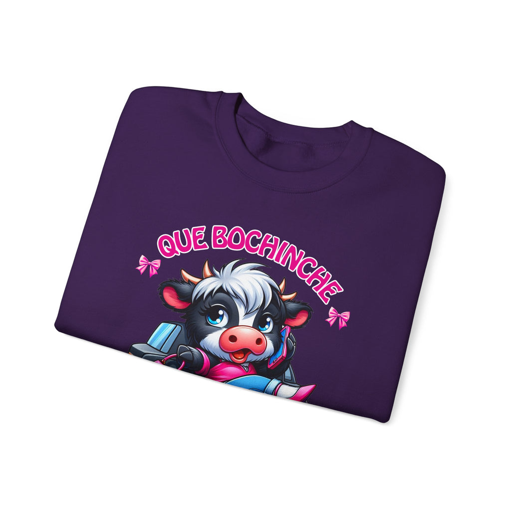 Que Bochincˊe Cow Sweatshirt — Cute Cartoon Cow Driving Graphic Crewneck