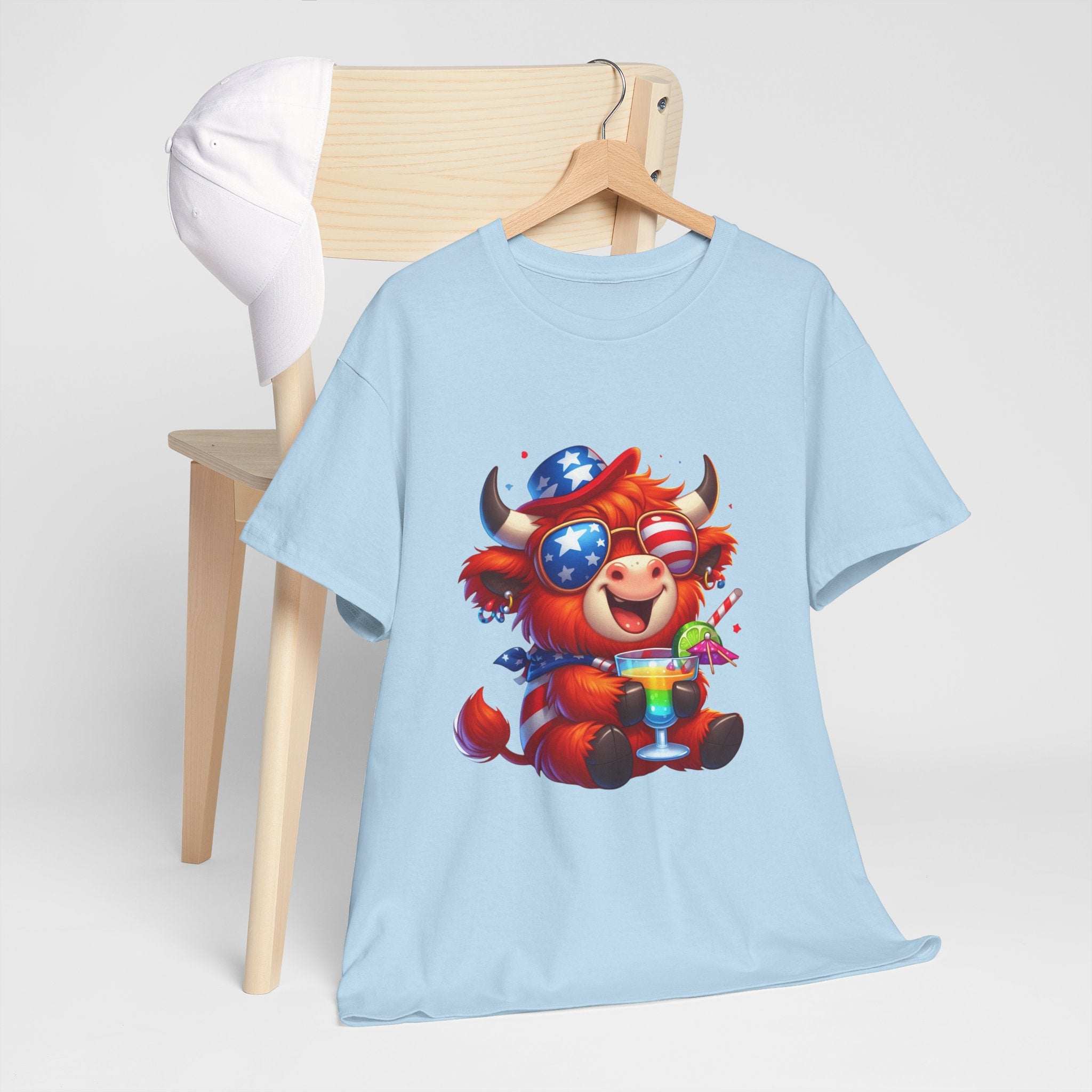 Cow Tee — Cute Patriotic Cow Holding Drink Graphic T‑Shirt