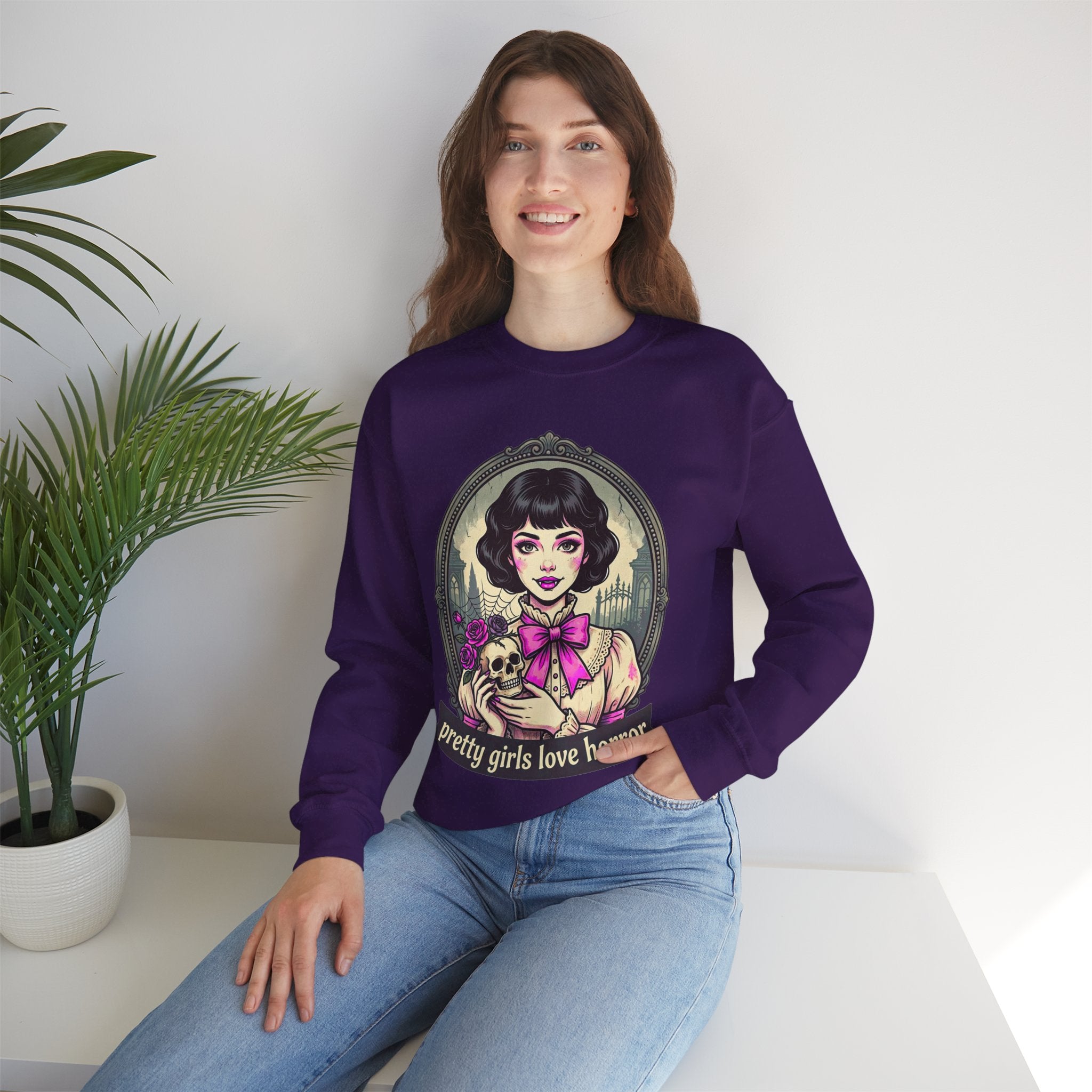 Horror Girl Crewneck Sweatshirt — "Pretty Girls Love Horror" Retro Goth Pullover