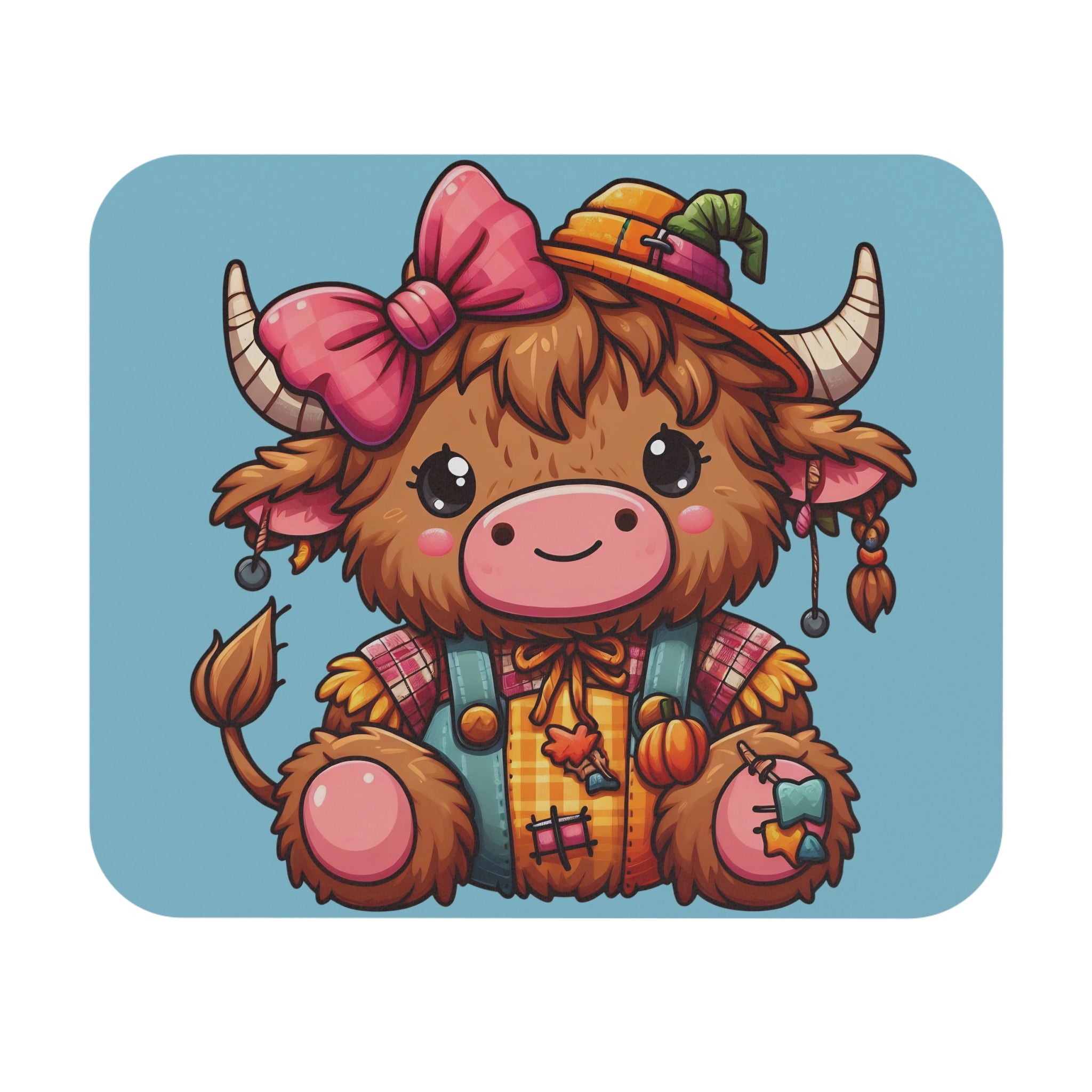 Cute Highland Cow Mouse Pad — Pastel Autumn Scarecrow Design