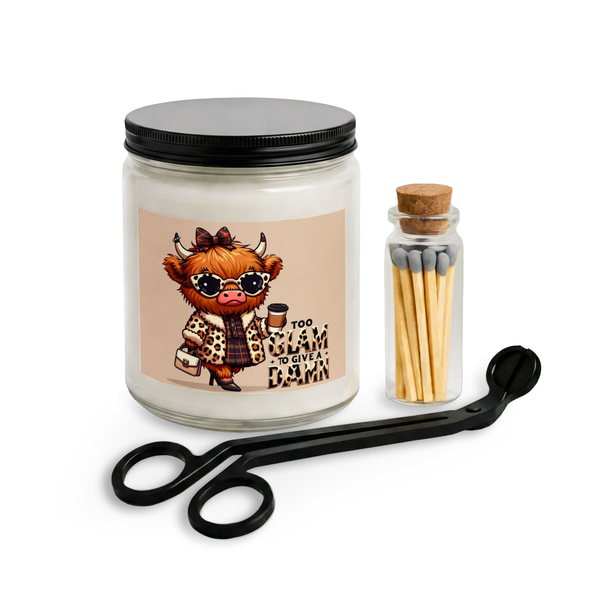 Coquette And Sassy Cute Highland Cow Candle Set — "Too Glam to Give a Damn" Scented Jar with Matches & Wick Trimmer