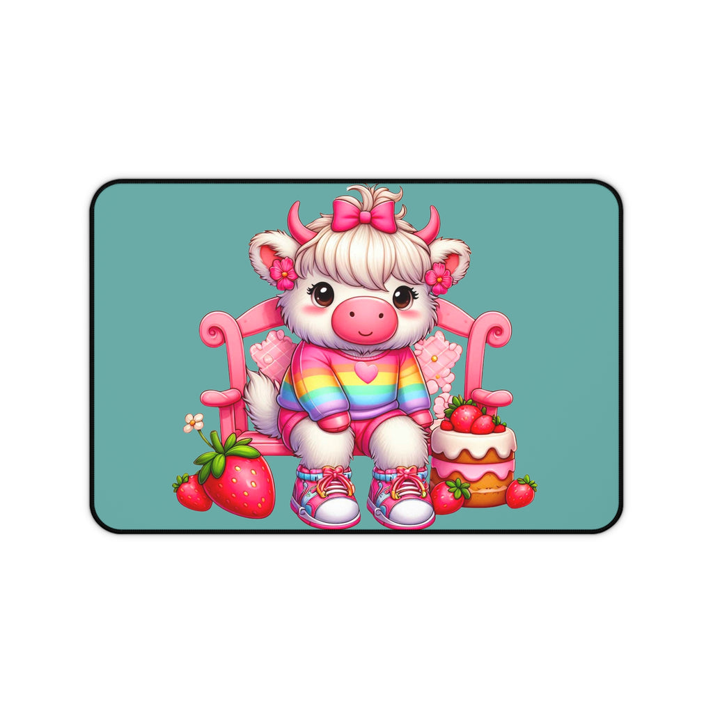 Cute Cow Desk Mat — Pastel Rainbow Cow with Strawberries & Cake