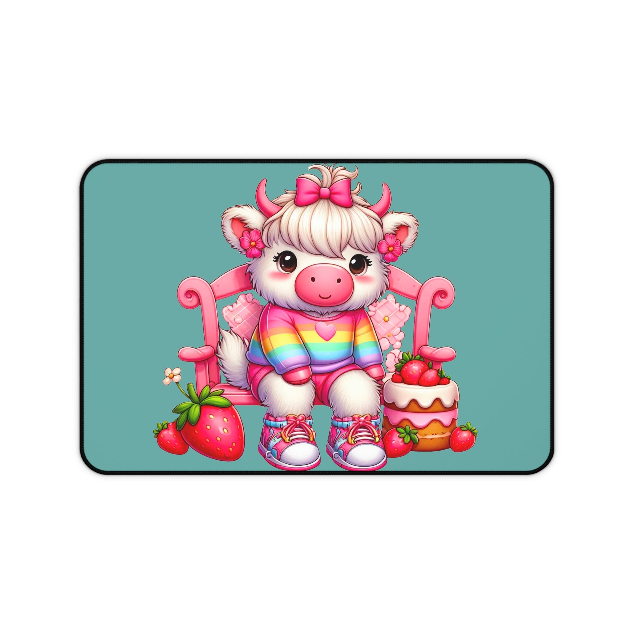 Cute Cow Desk Mat — Pastel Rainbow Cow with Strawberries & Cake
