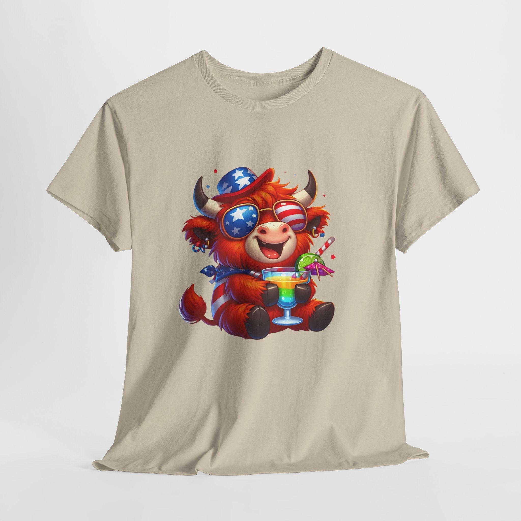 Cow Tee — Cute Patriotic Cow Holding Drink Graphic T‑Shirt