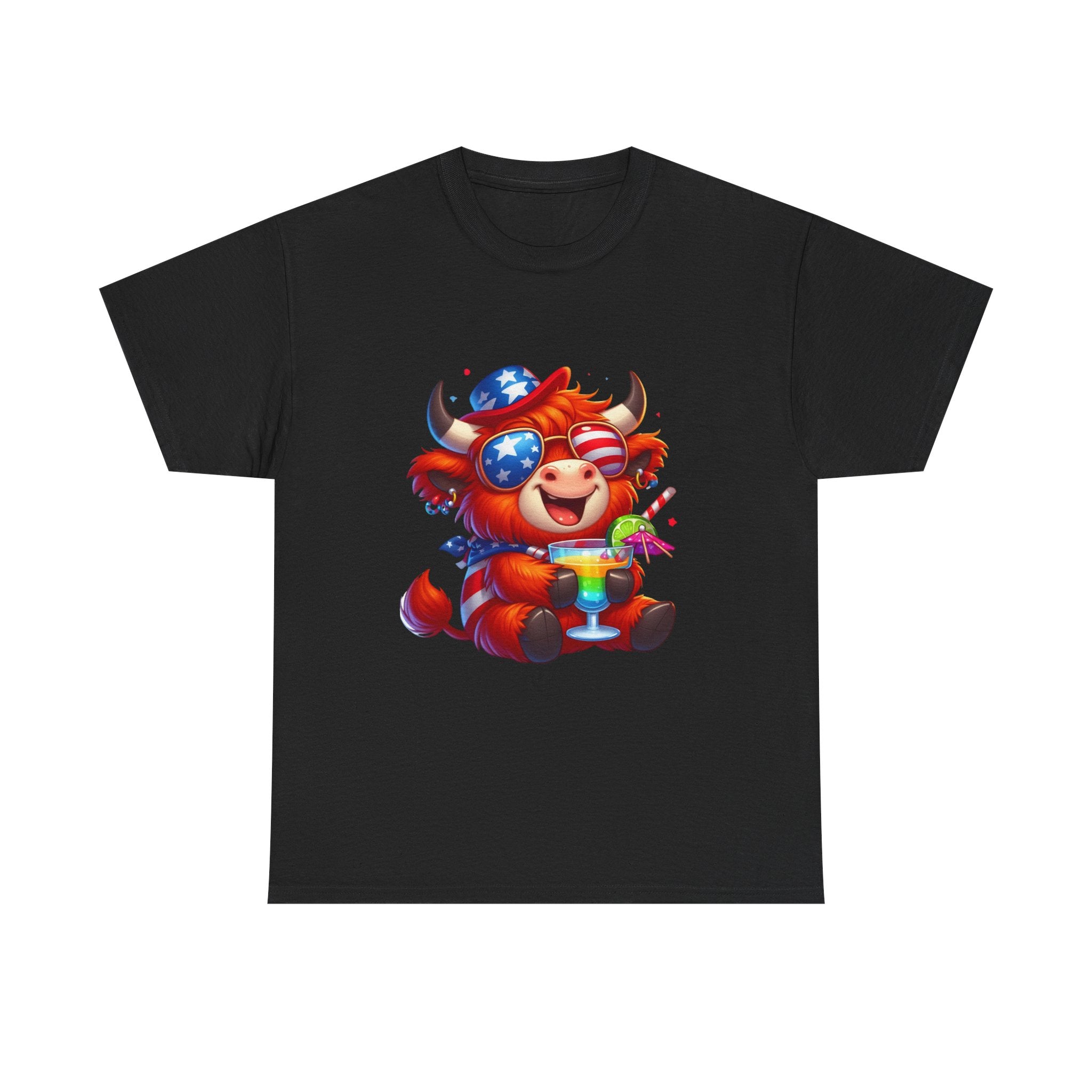 Cow Tee — Cute Patriotic Cow Holding Drink Graphic T‑Shirt