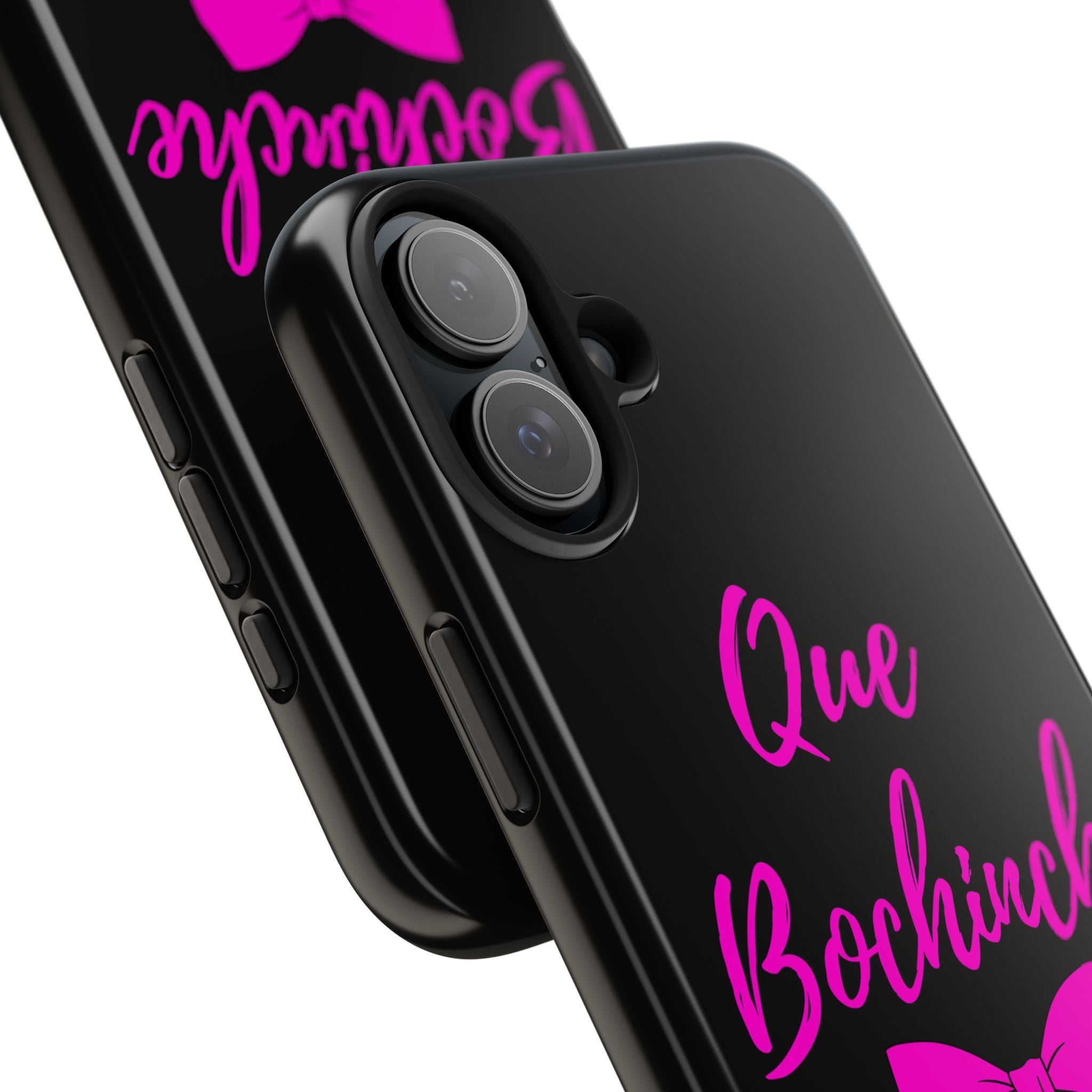 Que Bochinche Phone Case — Pink Script & Bow Tough Protective Cover