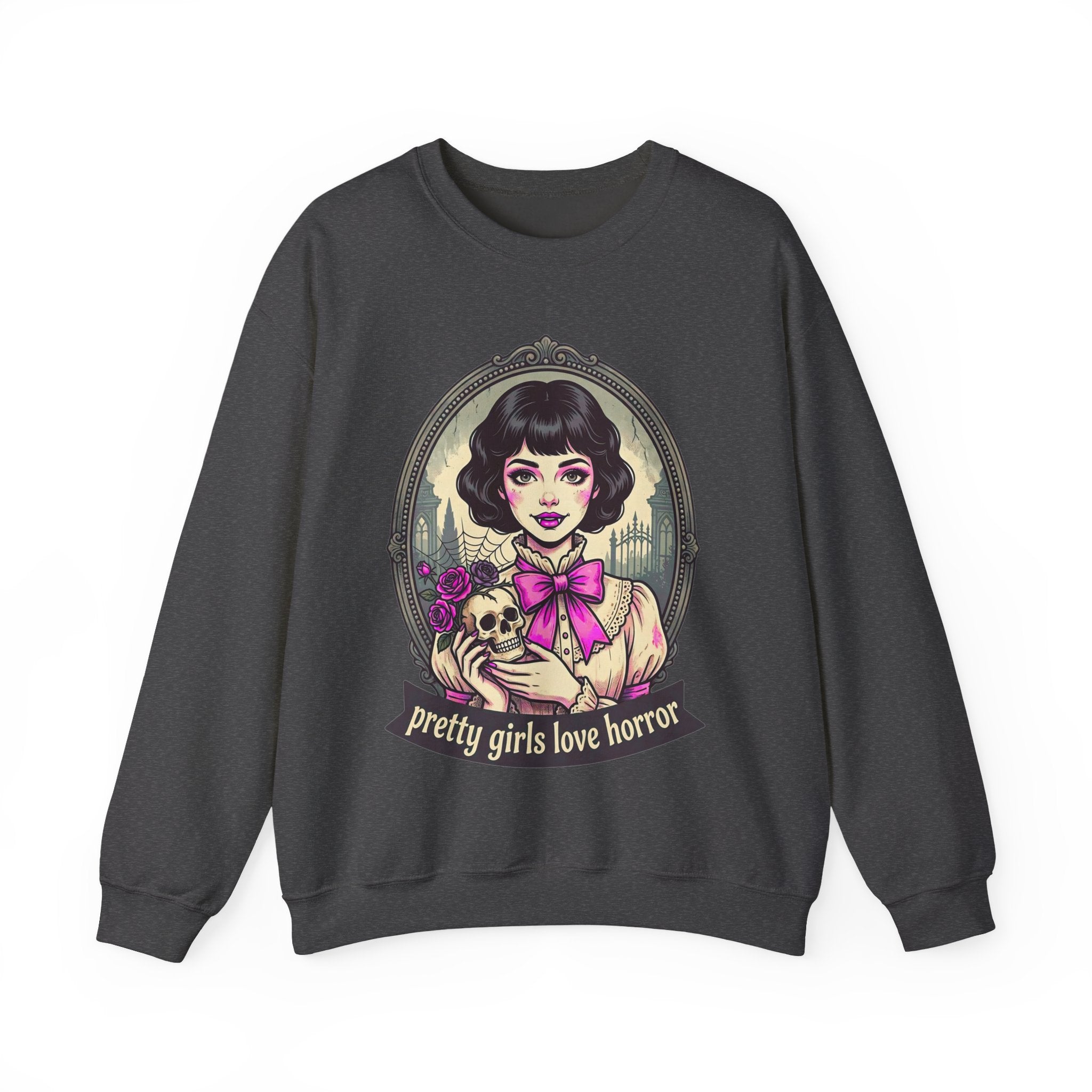 Horror Girl Crewneck Sweatshirt — "Pretty Girls Love Horror" Retro Goth Pullover