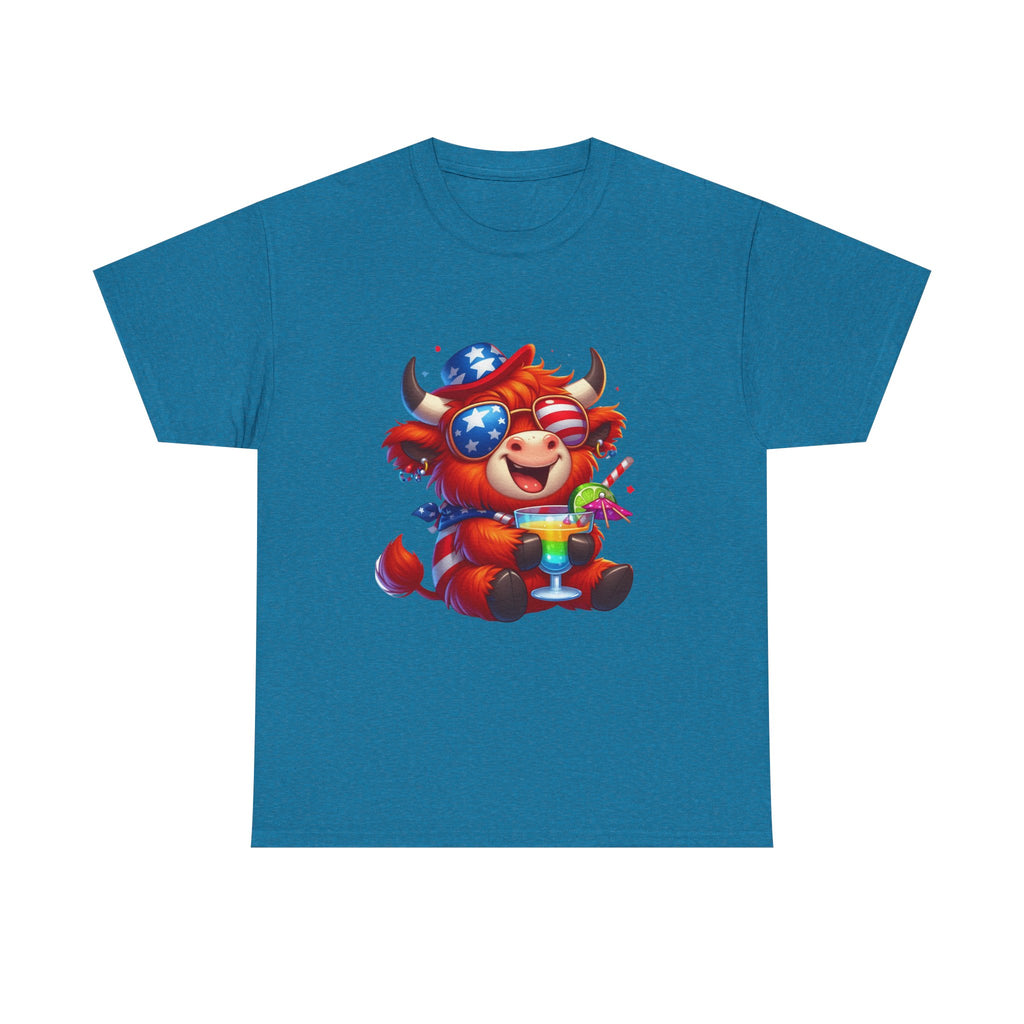 Cow Tee — Cute Patriotic Cow Holding Drink Graphic T‑Shirt