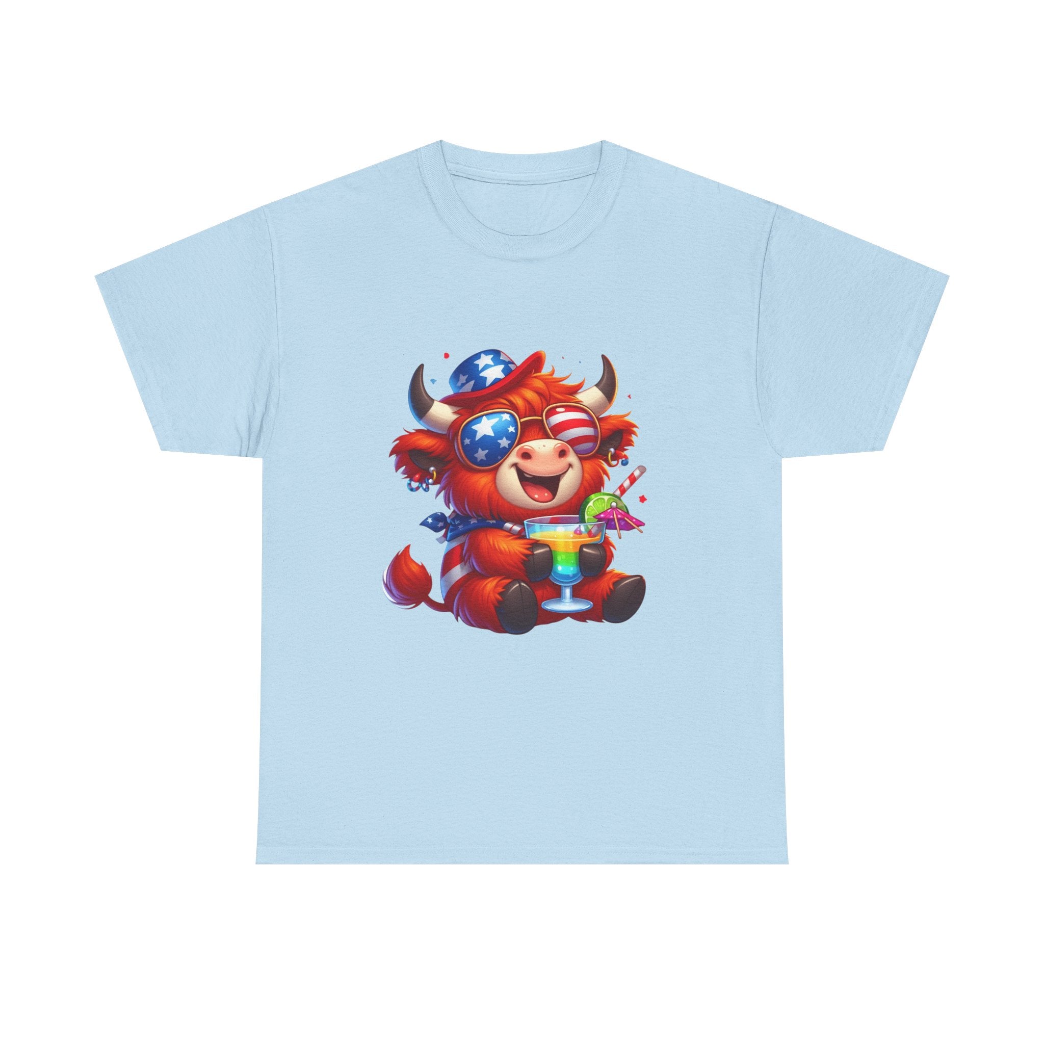 Cow Tee — Cute Patriotic Cow Holding Drink Graphic T‑Shirt
