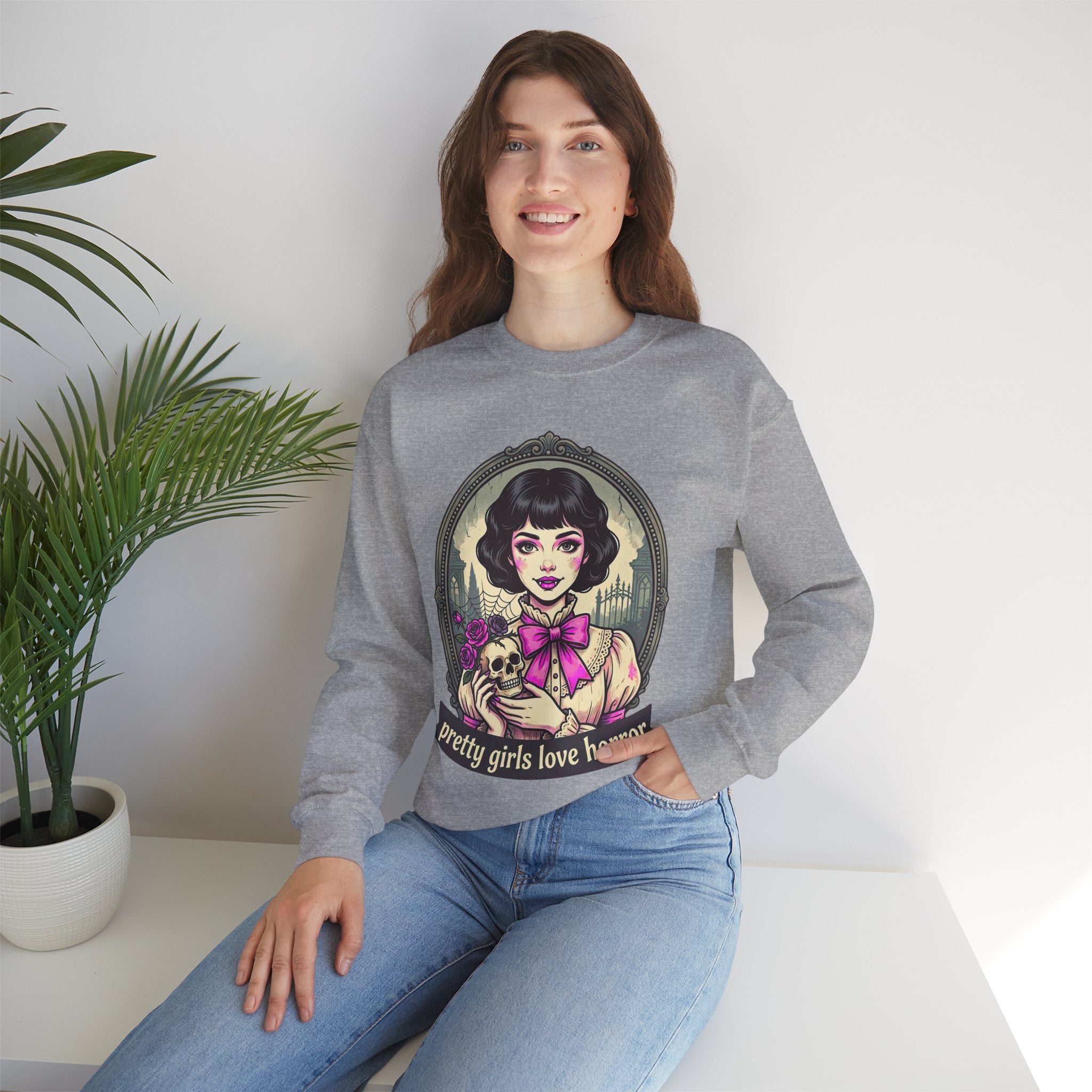 Horror Girl Crewneck Sweatshirt — "Pretty Girls Love Horror" Retro Goth Pullover