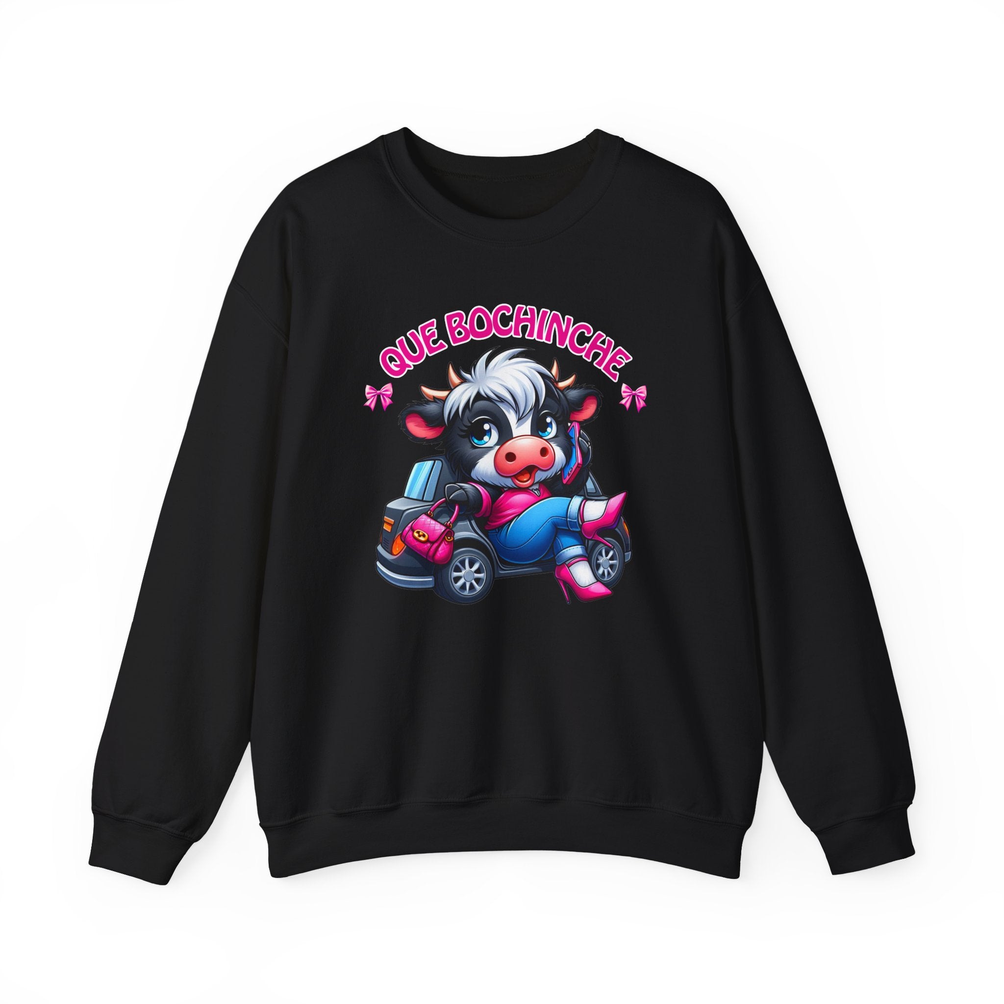 Que Bochincˊe Cow Sweatshirt — Cute Cartoon Cow Driving Graphic Crewneck