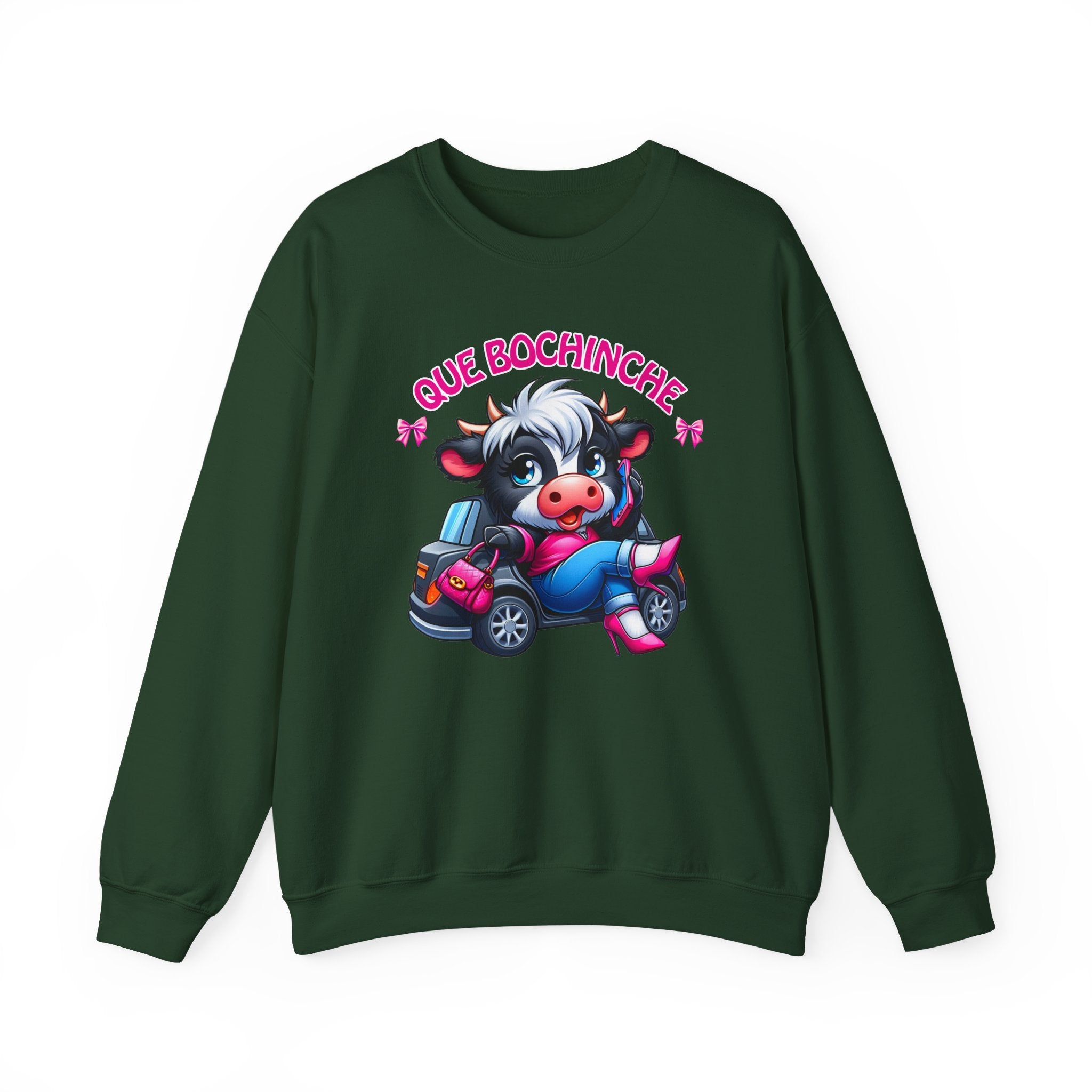 Que Bochincˊe Cow Sweatshirt — Cute Cartoon Cow Driving Graphic Crewneck