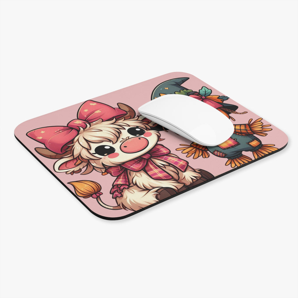 Cute Cow & Scarecrow Halloween Mouse Pad — Pink Fall Desk Mat