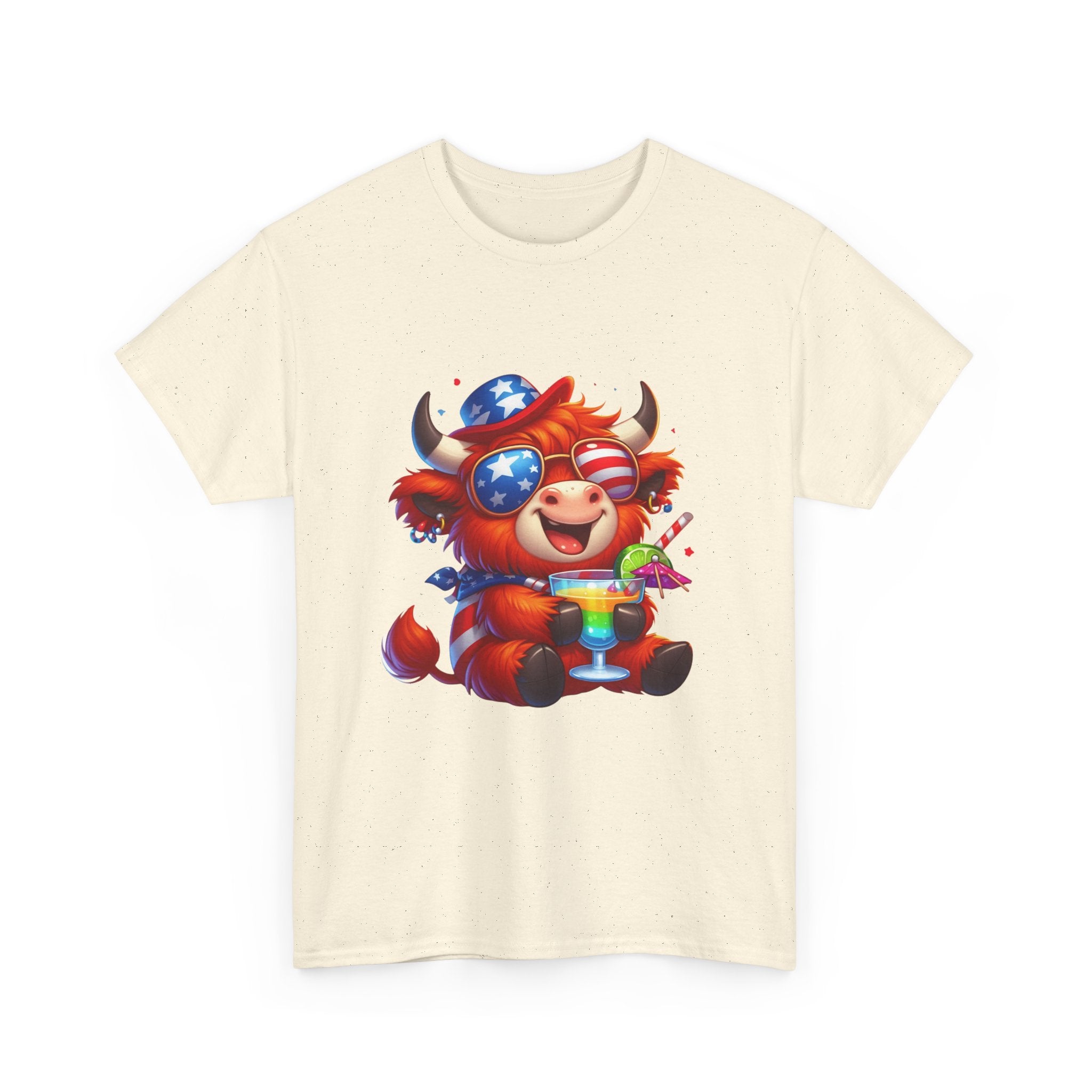 Cow Tee — Cute Patriotic Cow Holding Drink Graphic T‑Shirt