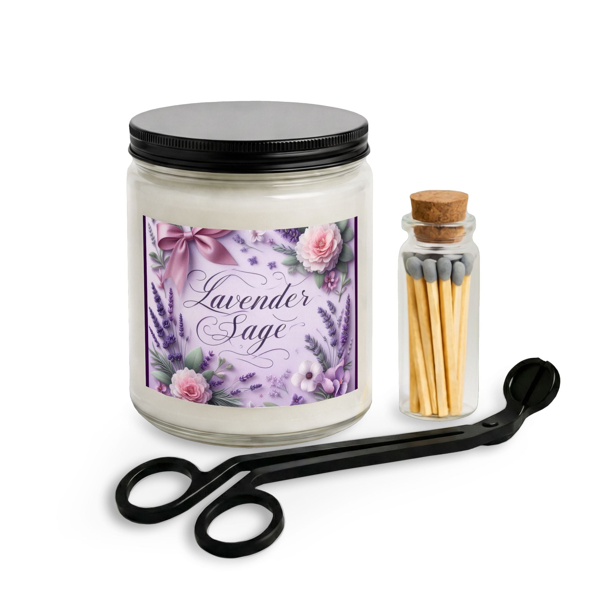 Lavender Sage Candle Set — Aromatherapy Jar with Matches & Wick Trimmer