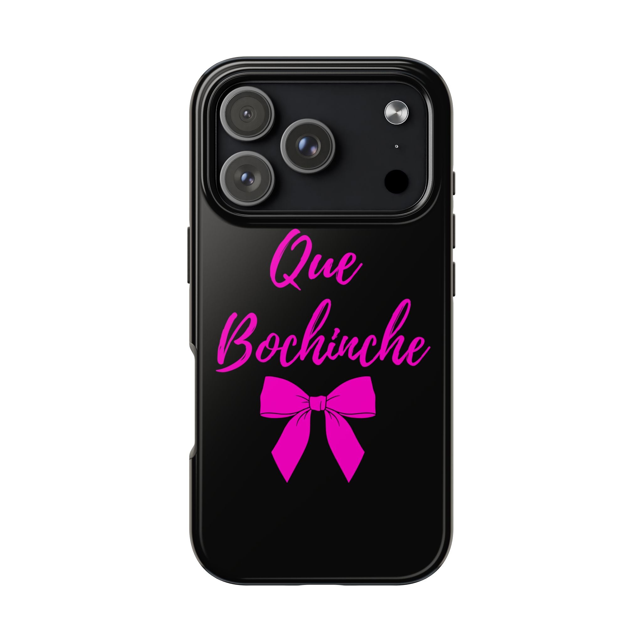 Que Bochinche Phone Case — Pink Script & Bow Tough Protective Cover