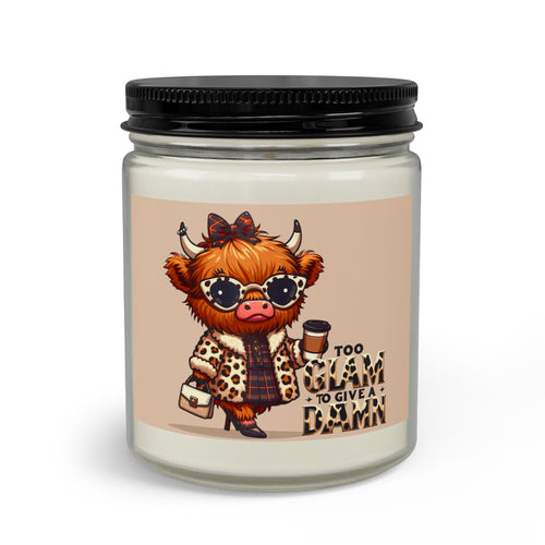 Coquette And Sassy Cute Highland Cow Candle Set — "Too Glam to Give a Damn" Scented Jar with Matches & Wick Trimmer