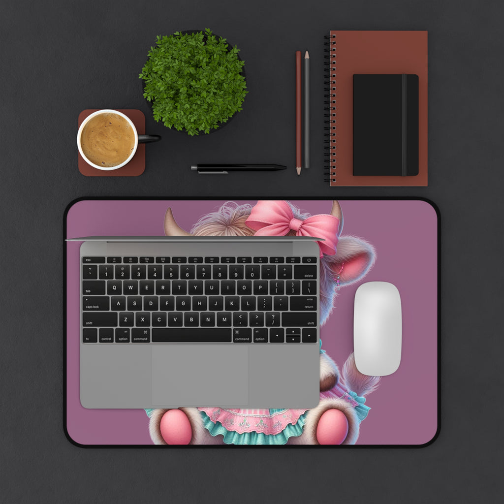 Cute Pastel Cow Desk Mat — Plush Kawaii Calf Mousepad for Kids & Gamers