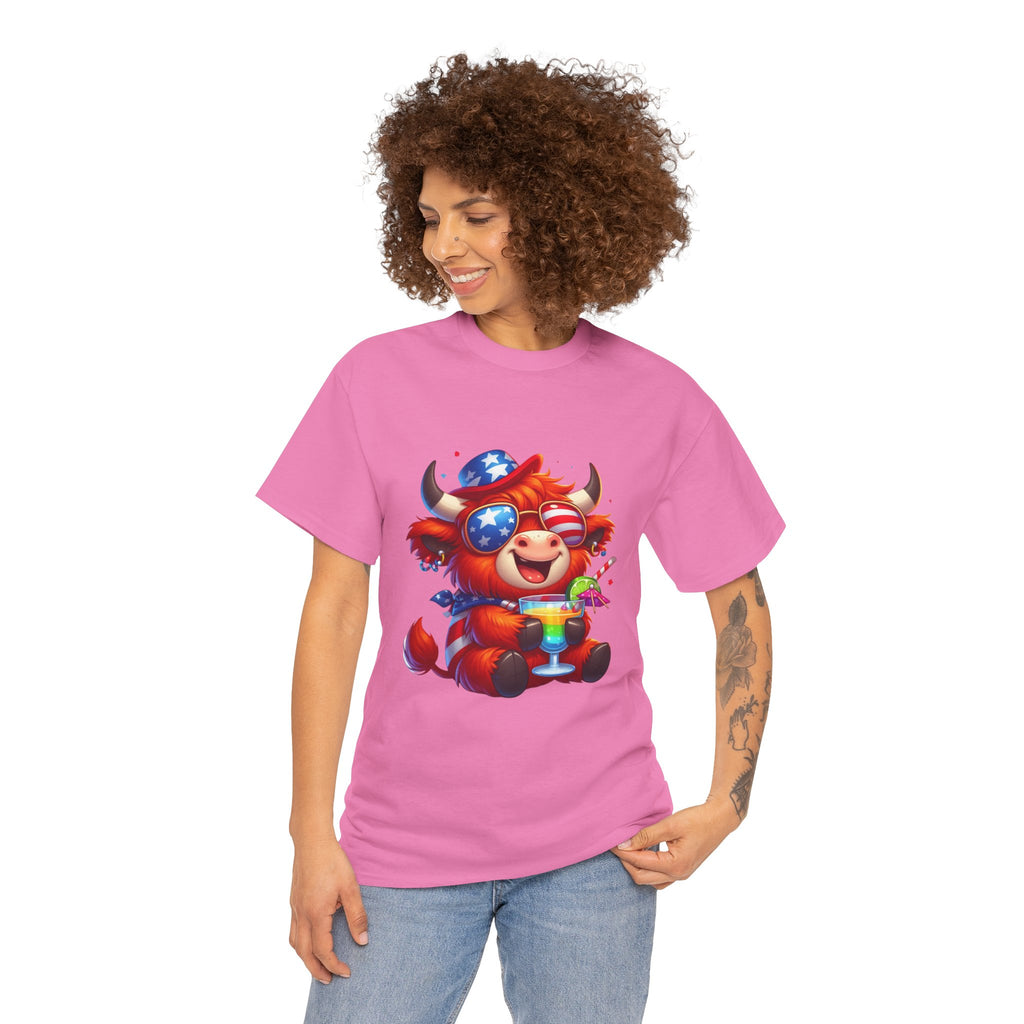 Cow Tee — Cute Patriotic Cow Holding Drink Graphic T‑Shirt