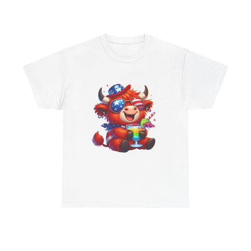 Cow Tee — Cute Patriotic Cow Holding Drink Graphic T‑Shirt