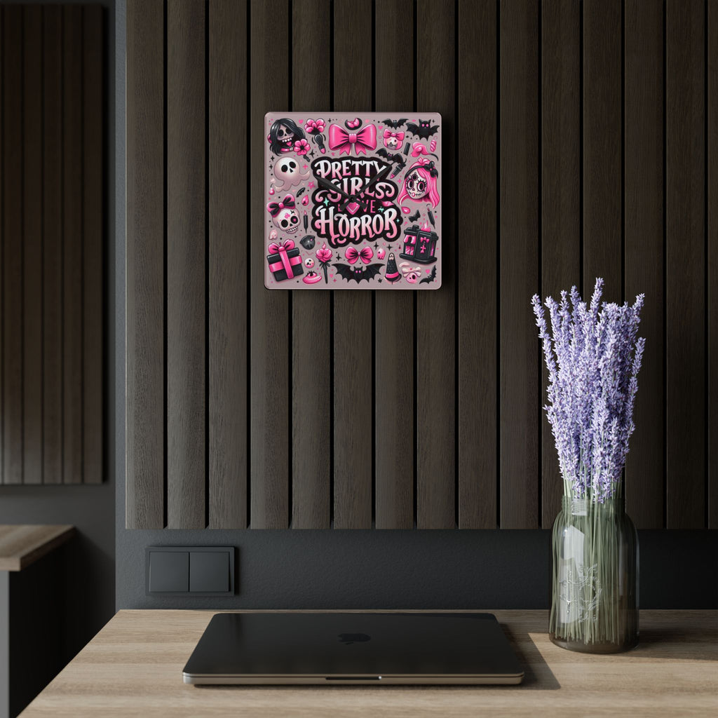 Pretty Girls Love Horror Acrylic Wall Clock — Cute Pink Gothic Decor