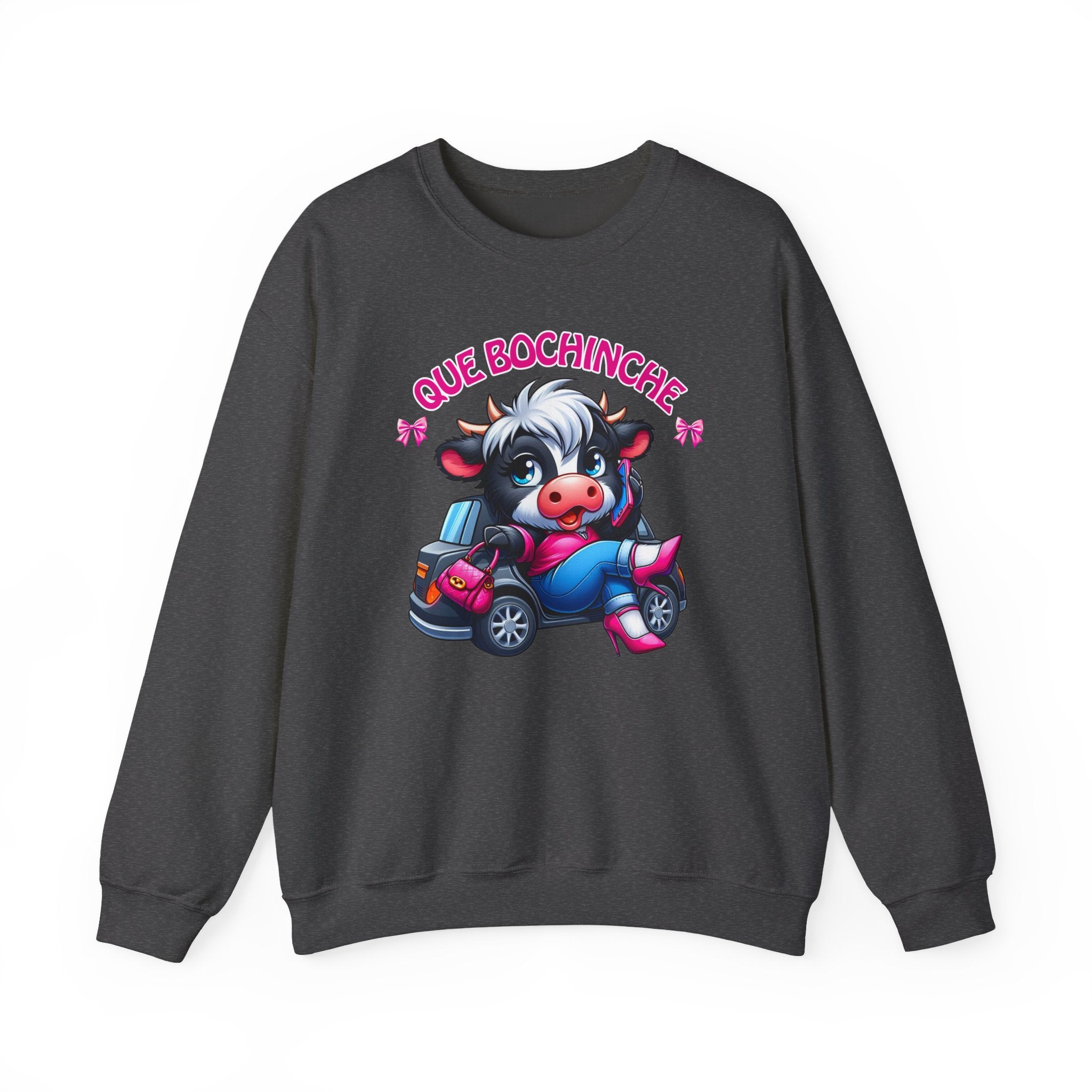 Que Bochincˊe Cow Sweatshirt — Cute Cartoon Cow Driving Graphic Crewneck