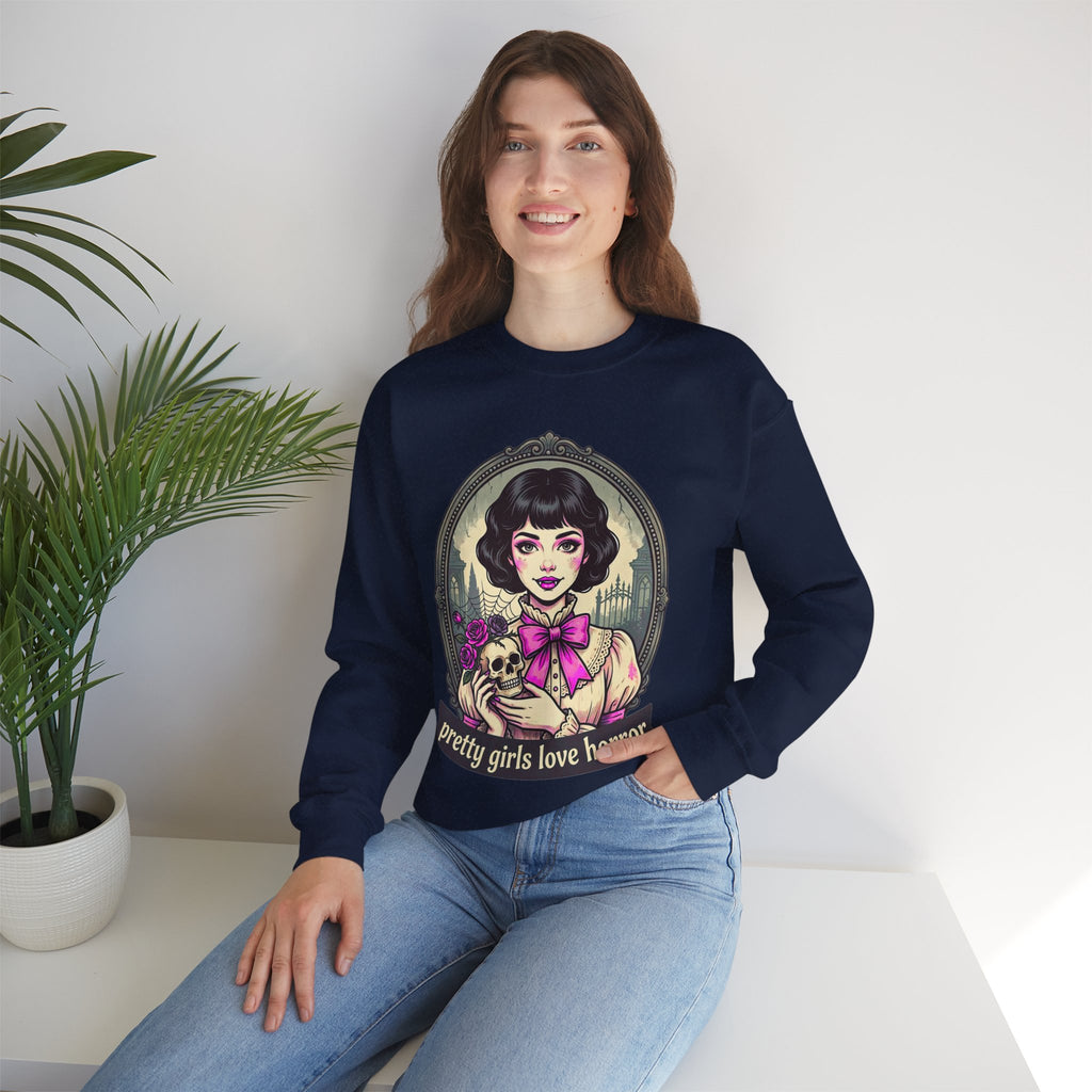 Horror Girl Crewneck Sweatshirt — "Pretty Girls Love Horror" Retro Goth Pullover